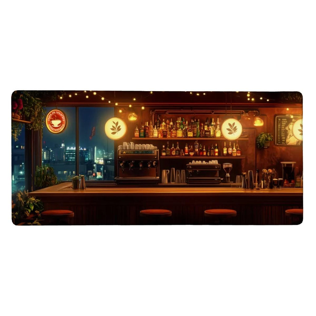 Night City Cafe Bar Desk Mat – Aesthetic Coffee Bar Mouse Pad, Cozy Cityscape Desk Pad for Gaming, Work, and Home Office Setup