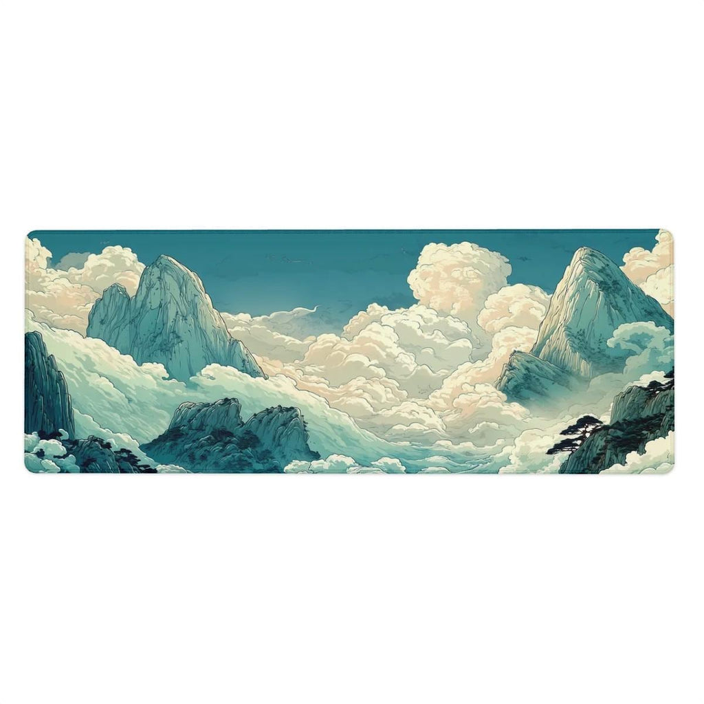 Anime Cloud Mountain Desk Mat - Teal Blue Sky, Dreamy Landscape Desk Pad