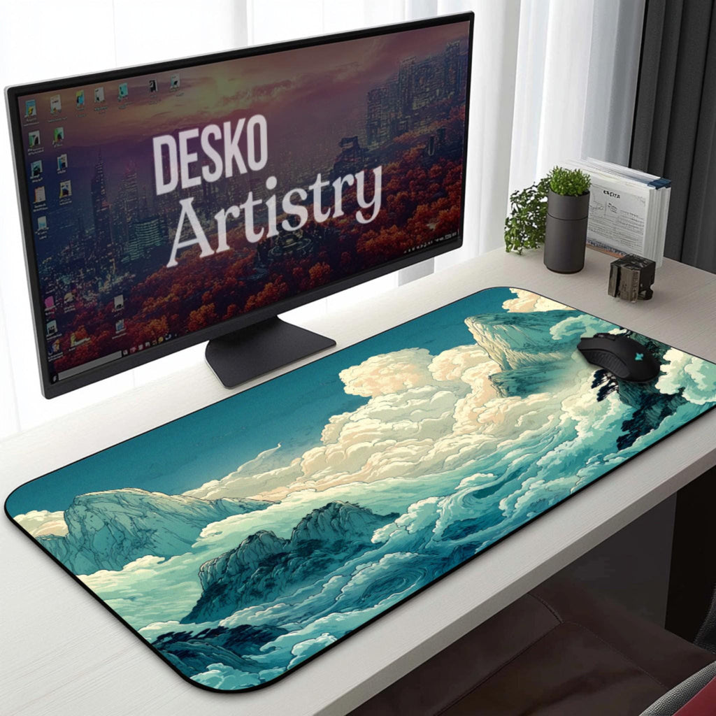 Anime Cloud Mountain Desk Mat - Teal Blue Sky, Dreamy Landscape Desk Pad