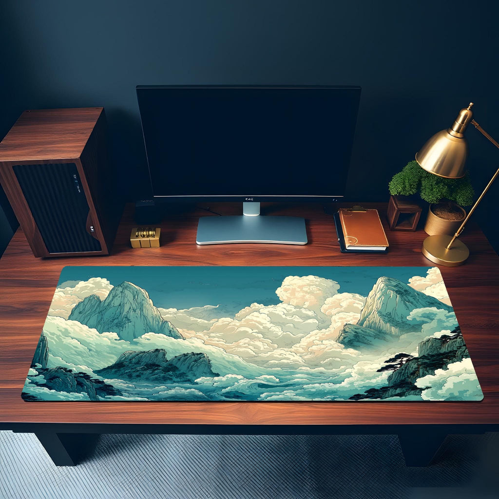 Anime Cloud Mountain Desk Mat - Teal Blue Sky, Dreamy Landscape Desk Pad