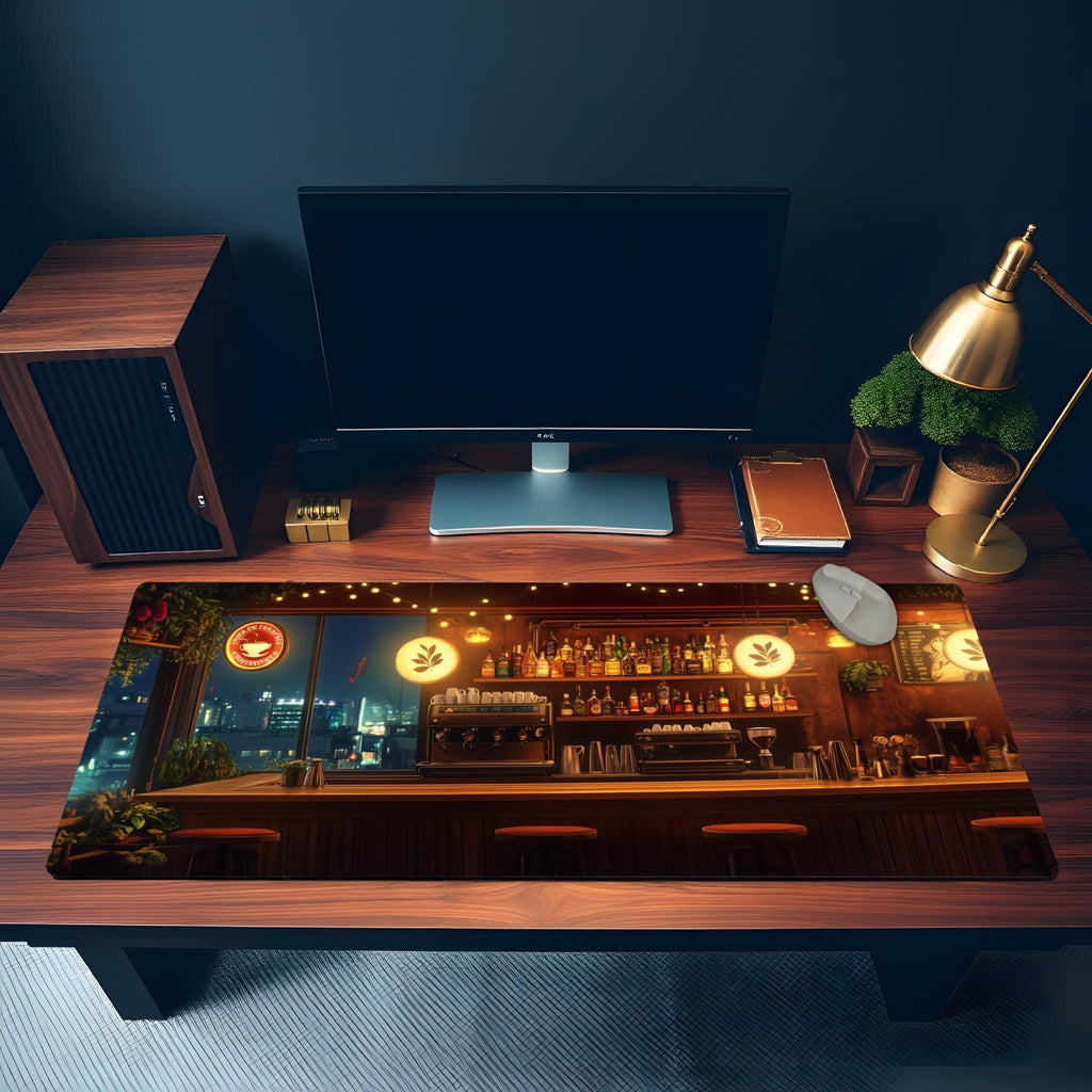 Night City Cafe Bar Desk Mat – Aesthetic Coffee Bar Mouse Pad, Cozy Cityscape Desk Pad for Gaming, Work, and Home Office Setup