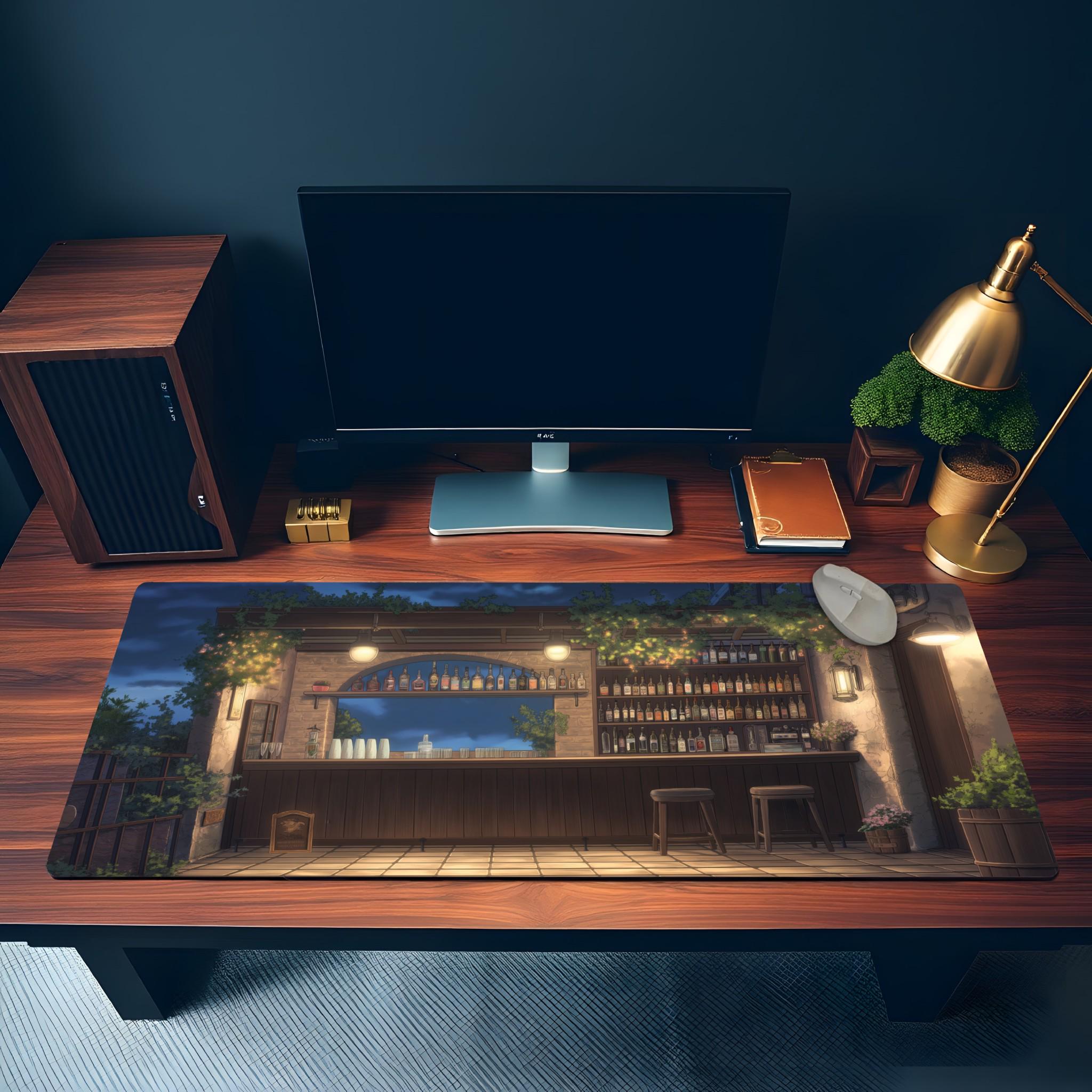 Lofi Garden Bar Desk Mat – Cozy Night Terrace Mouse Pad, Japanese Anime Aesthetic Desk Pad for Gaming, Work Space
