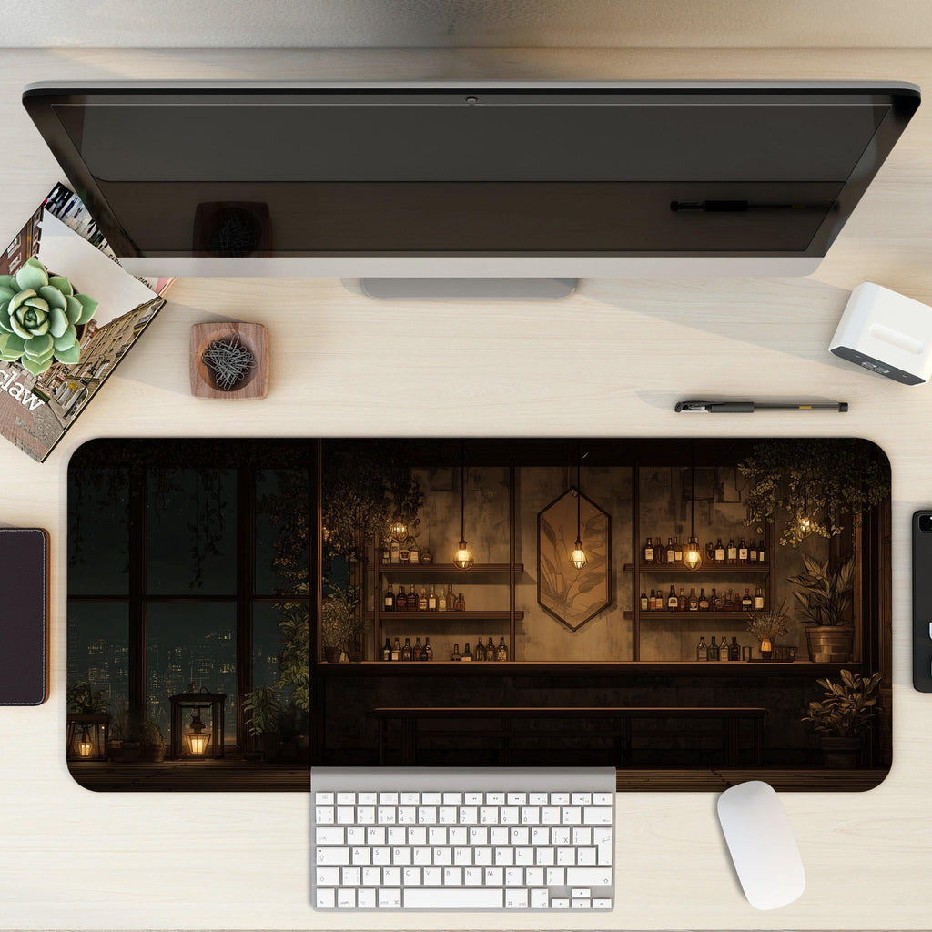 Moody Rooftop Bar Desk Mat | Cozy Night City View Mouse Pad, Japanese Anime Aesthetic Desk Pad for Home Office, Workspace and Gaming Gift
