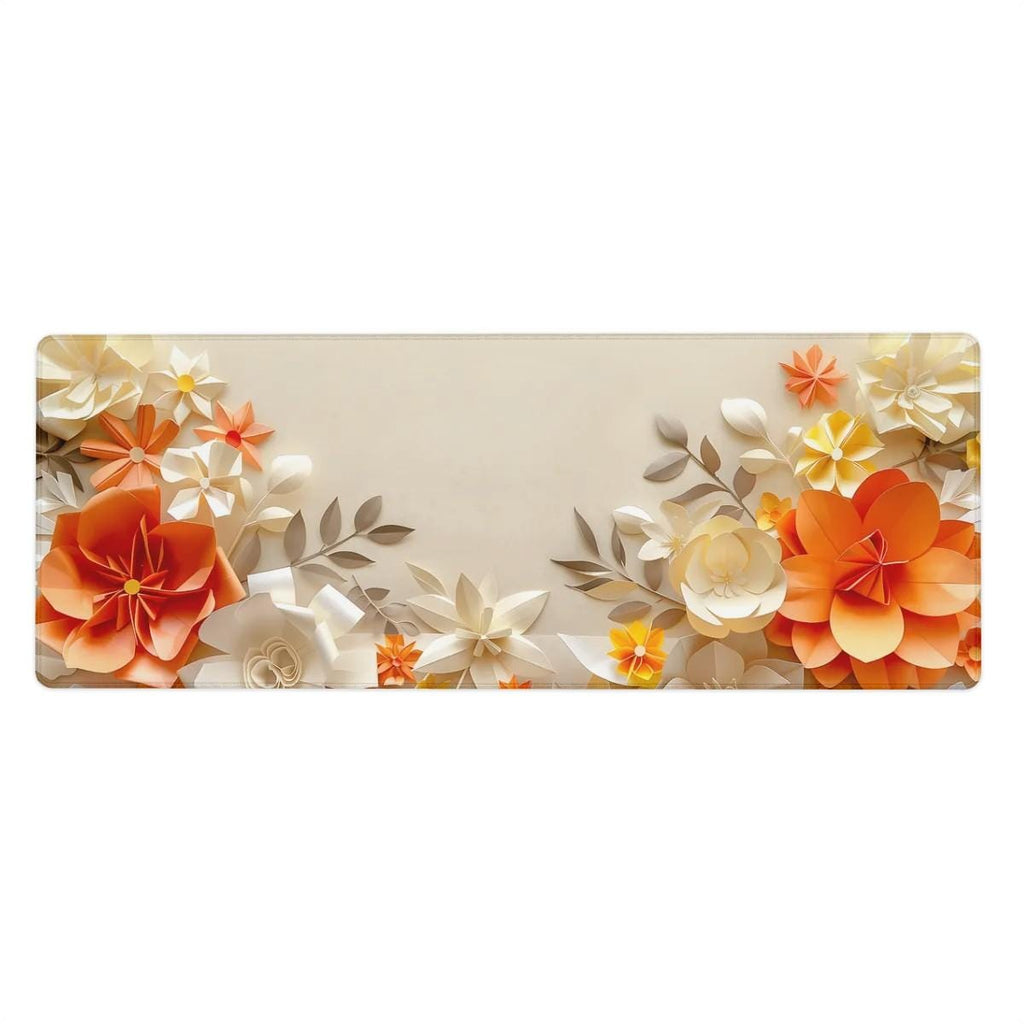 Floral Paper Art Desk Mat | Beige Orange Flower Mouse Pad