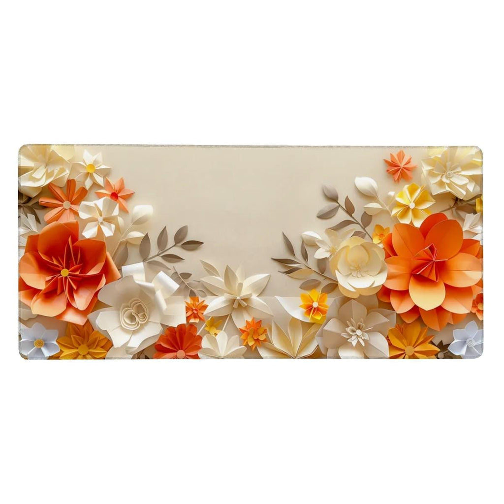 Floral Paper Art Desk Mat | Beige Orange Flower Mouse Pad