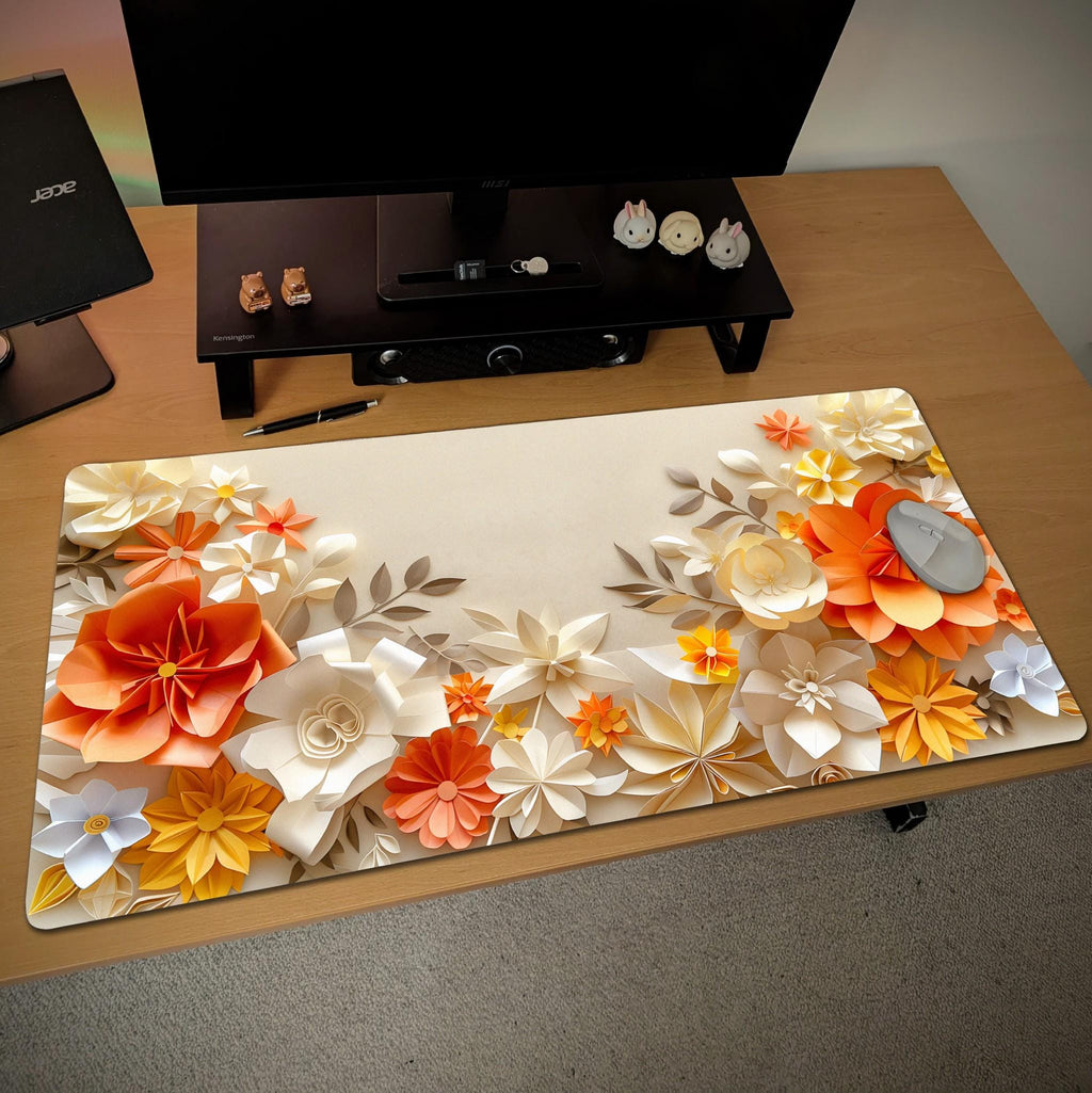 Floral Paper Art Desk Mat | Beige Orange Flower Mouse Pad