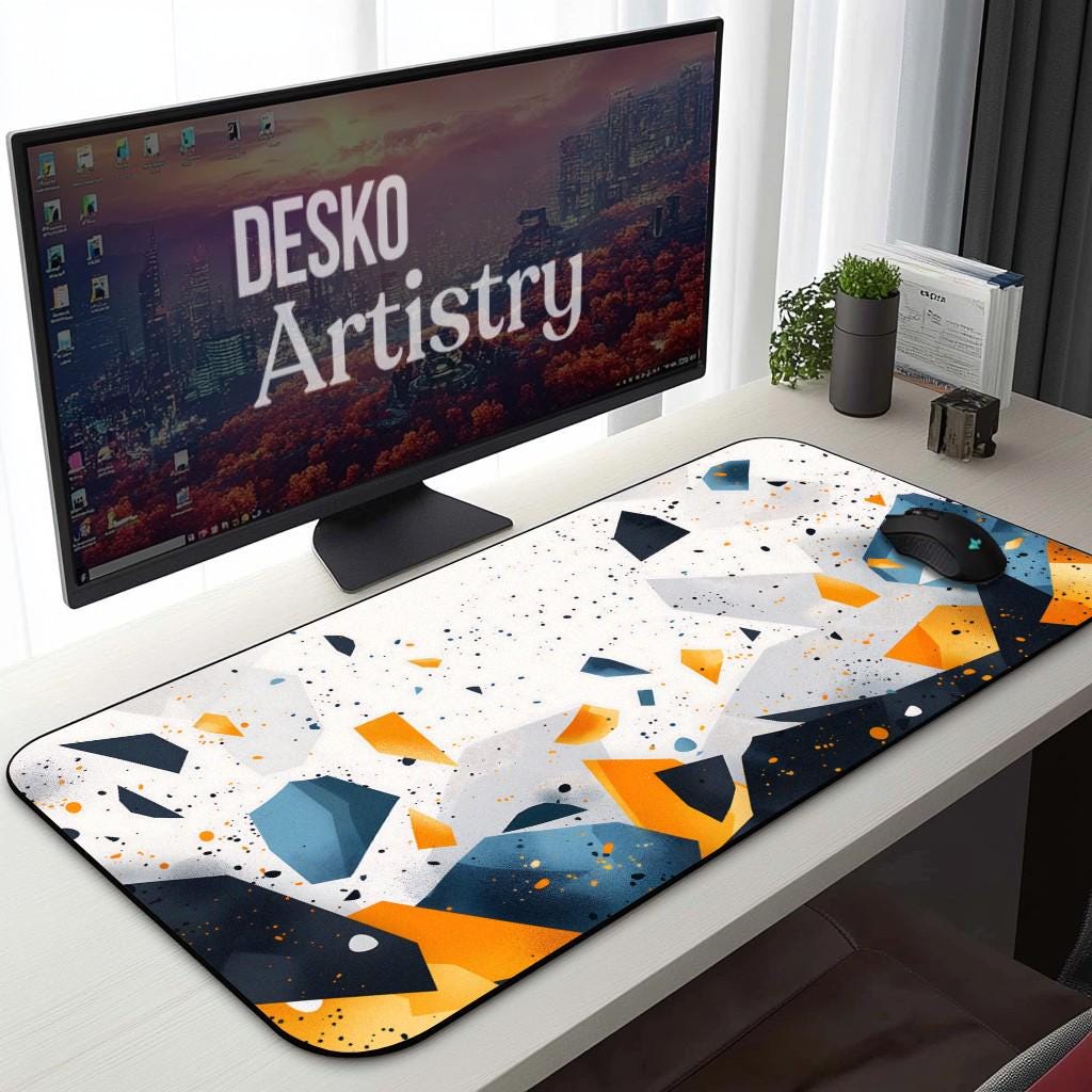 Abstract Geometric Desk Mat | Marble Terrazzo Pattern Mouse Pad