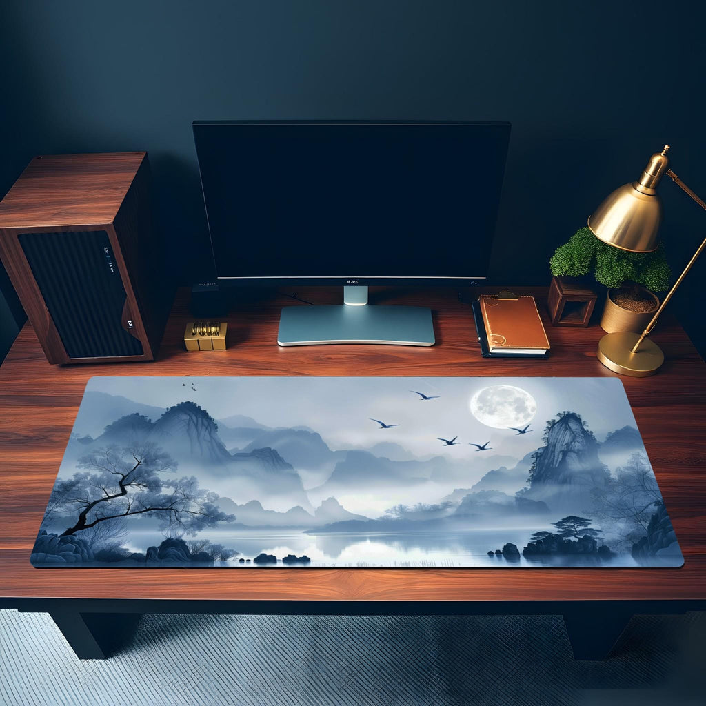 Blue Lake Mountain Desk Mat | Blue Moonlight with Misty Zen Landscape Desk Pad