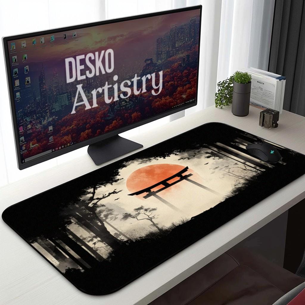 Japanese Forest Painting Desk Mat | Red Sun, Torii Gate Mouse Pad