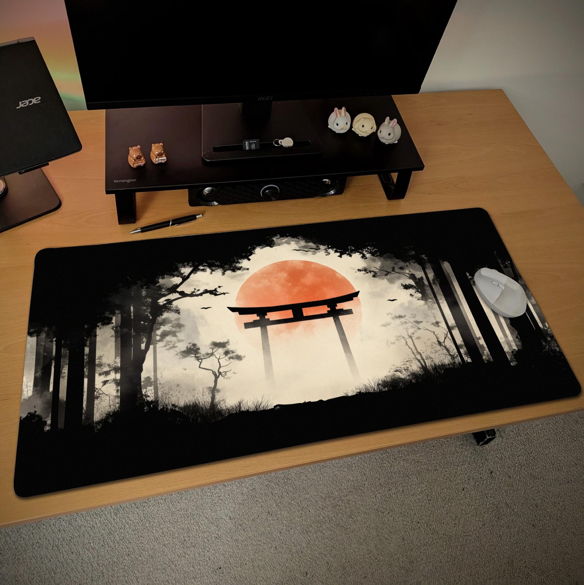 Japanese Forest Painting Desk Mat | Red Sun, Torii Gate Mouse Pad