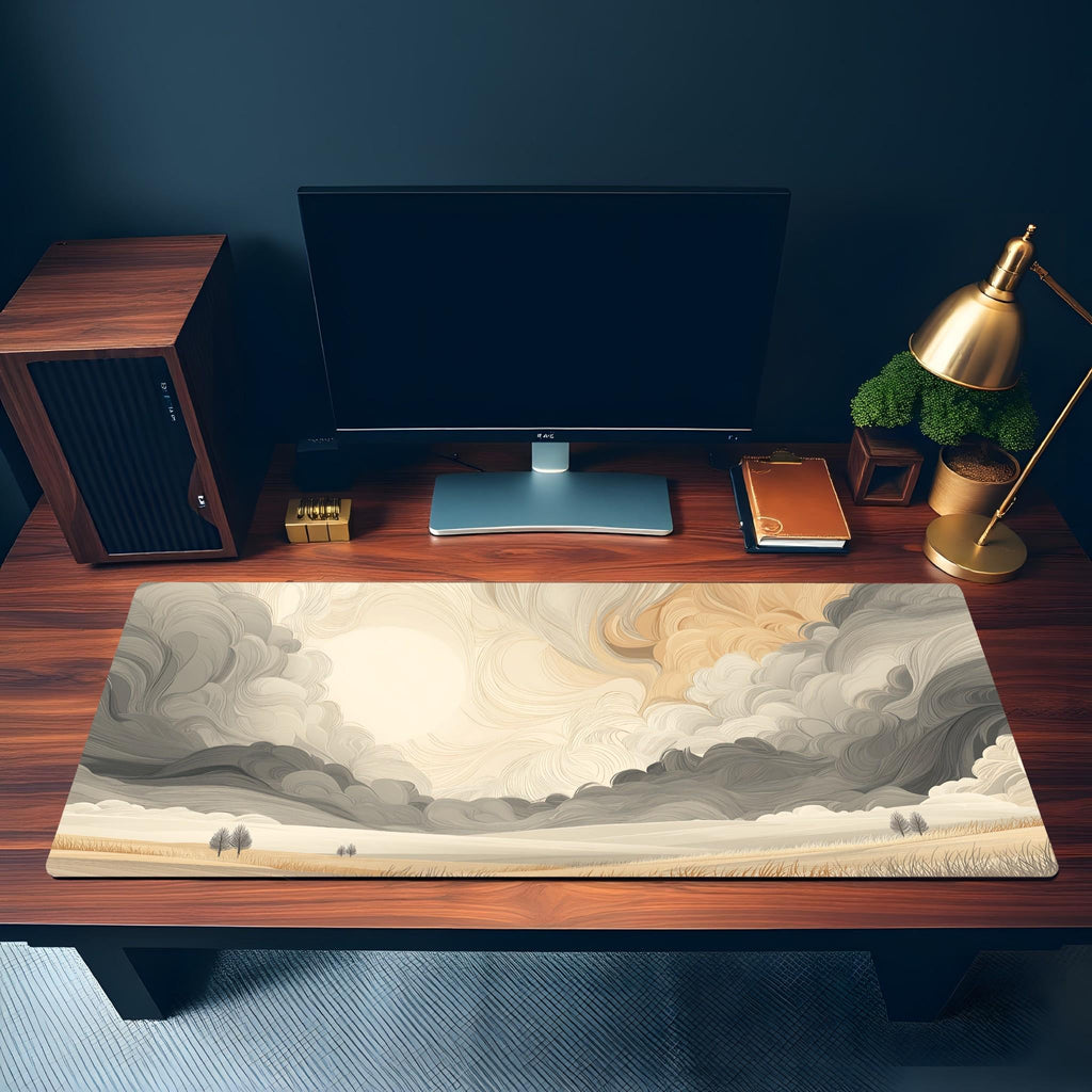 Abstract Swirling Cloud Desk Mat – Beige Gray Landscape, Rolling Hills Art Desk Pad