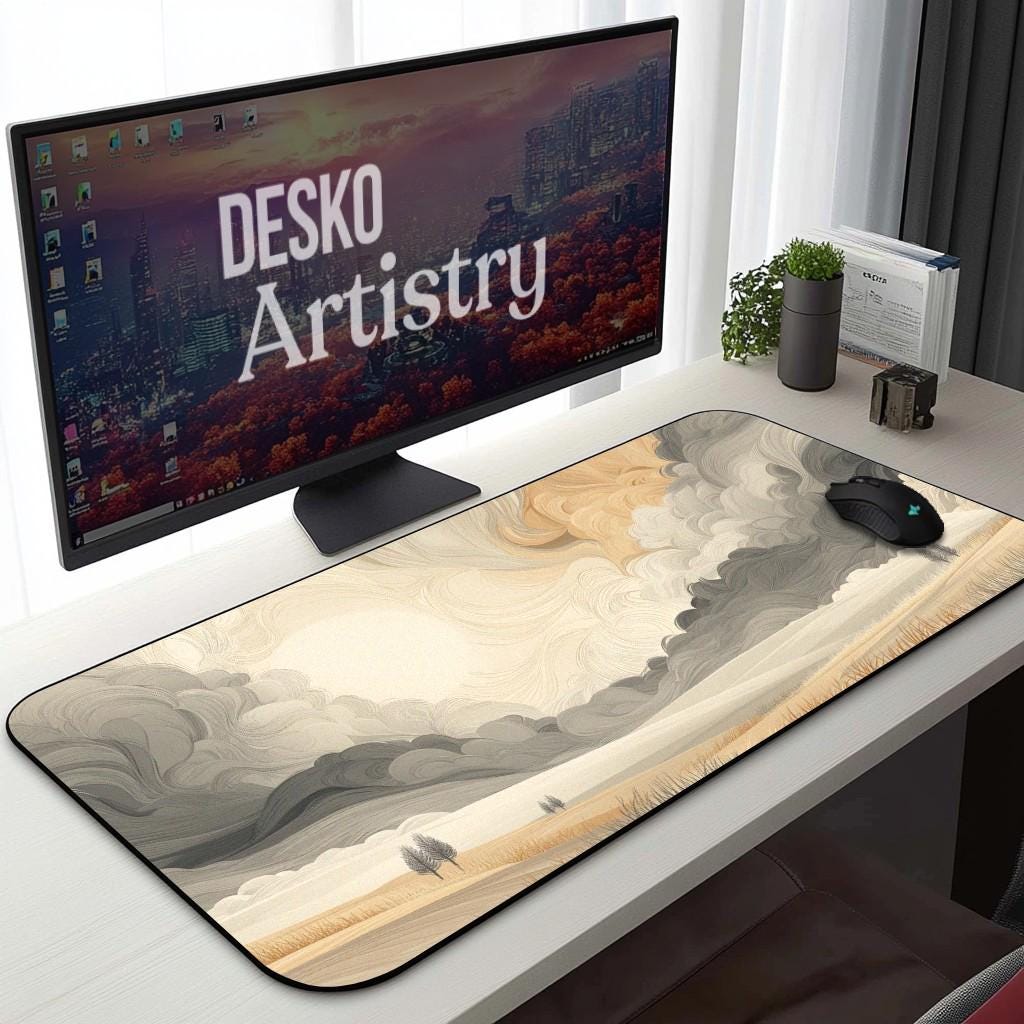 Abstract Swirling Cloud Desk Mat – Beige Gray Landscape, Rolling Hills Art Desk Pad