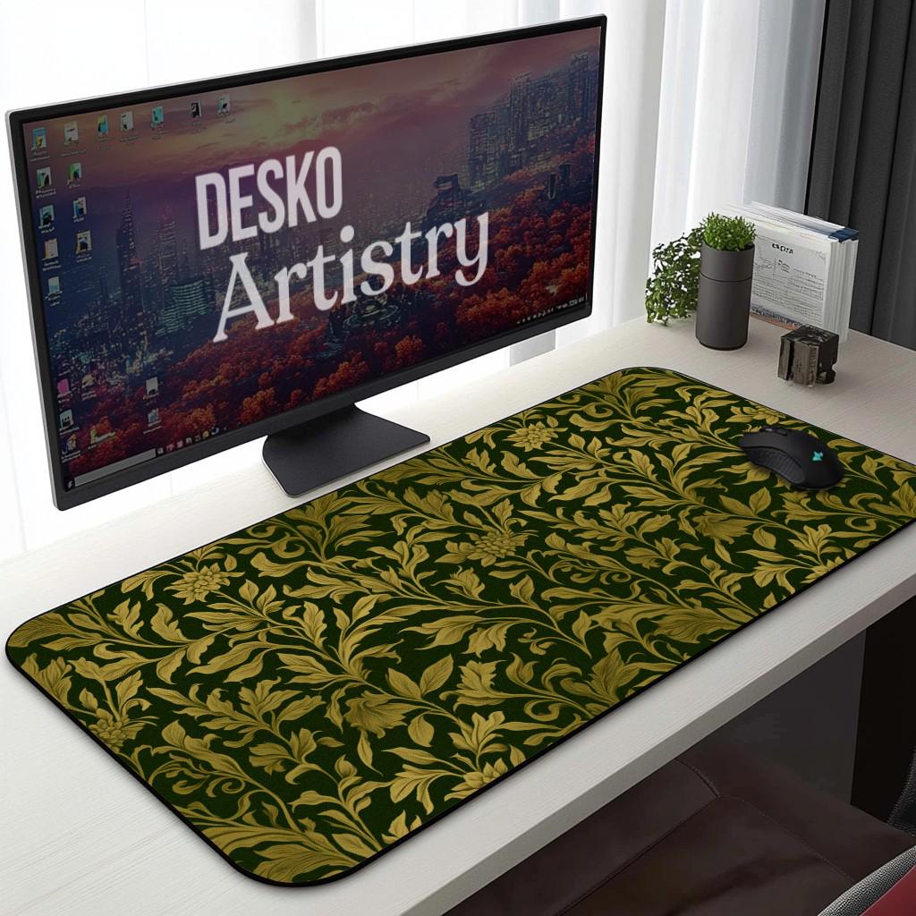 Vintage Floral Green Desk Mat | Dark Botanical Mouse Pad, Gothic Baroque Desk Pad