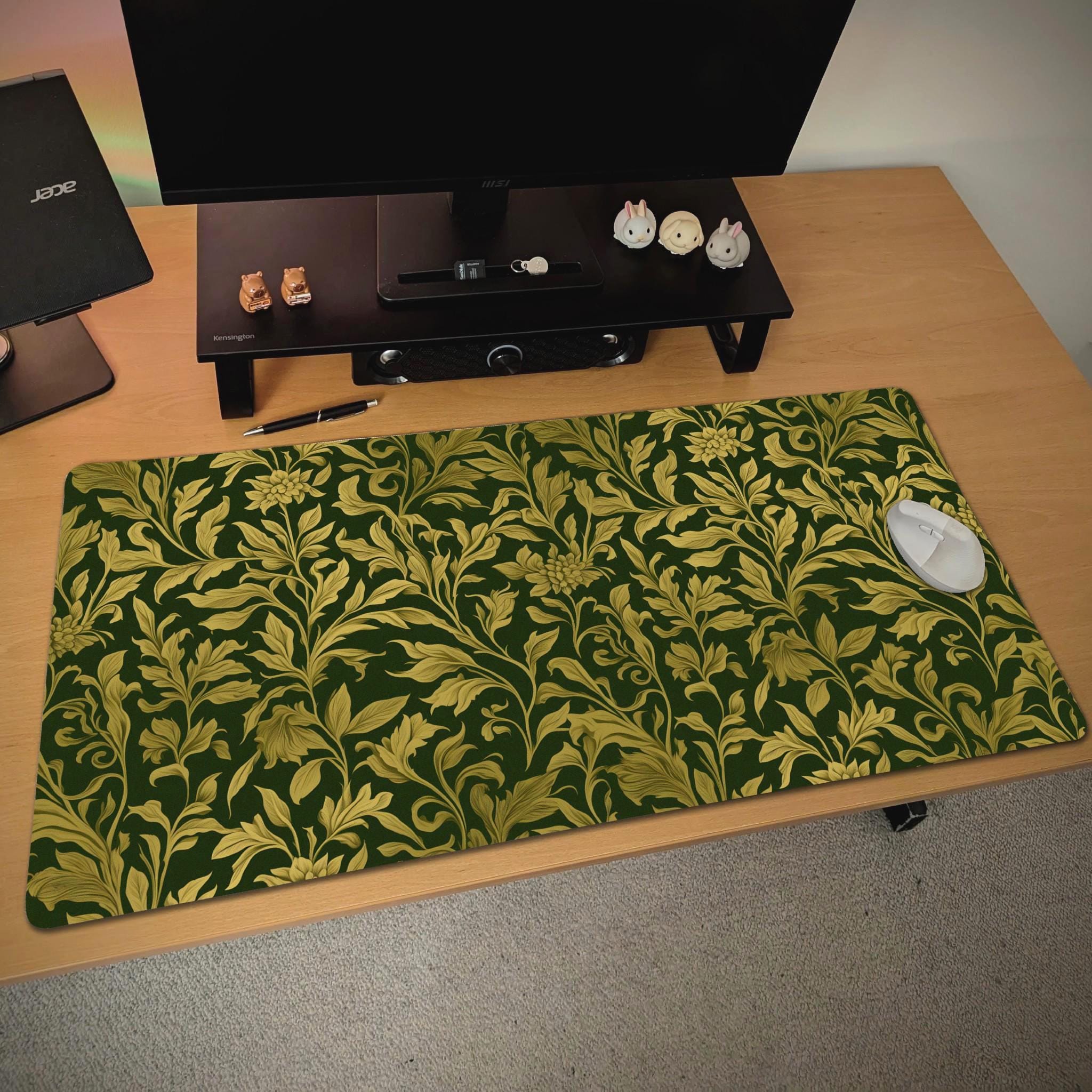 Vintage Floral Green Desk Mat | Dark Botanical Mouse Pad, Gothic Baroque Desk Pad