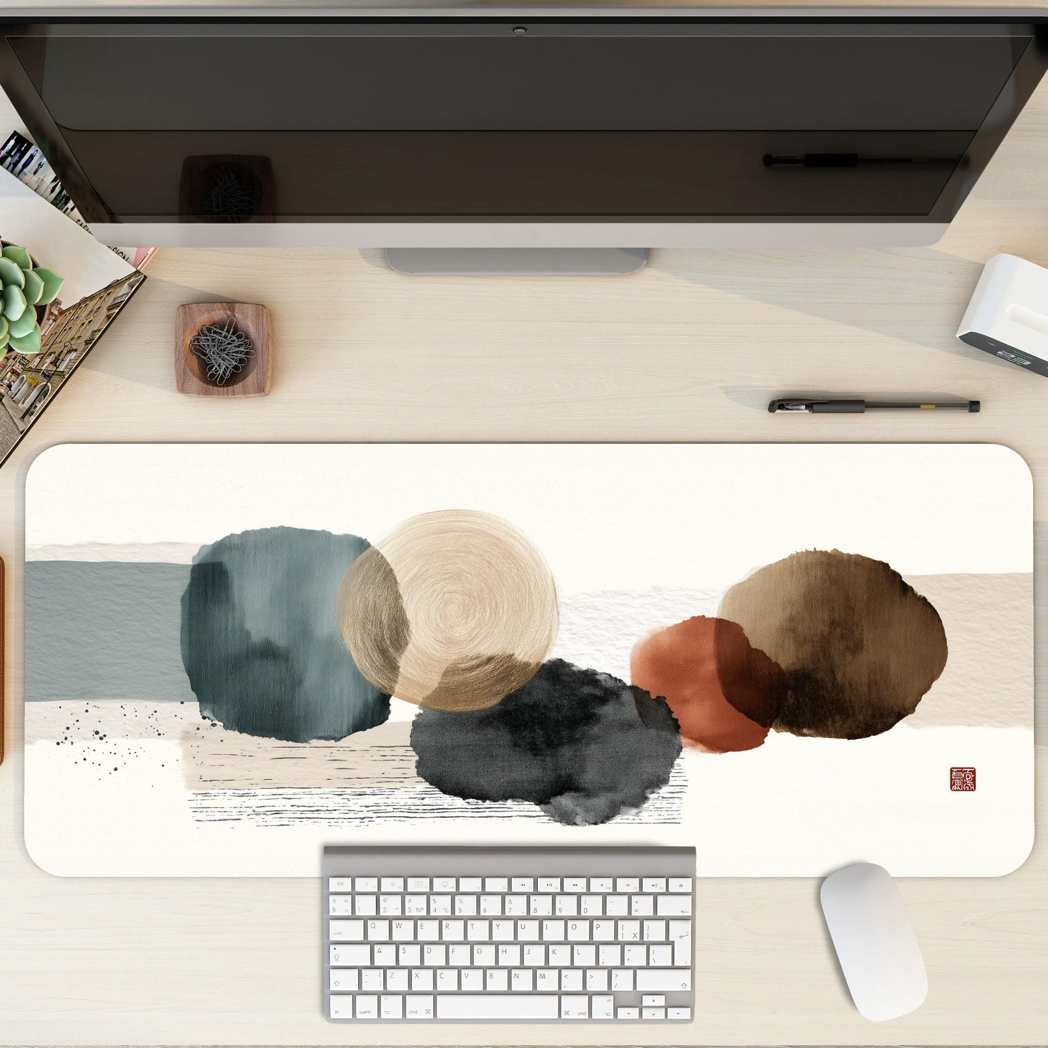 Wabi Sabi Abstract Desk Mat | Large Japanese Style Mouse Pad | Boho Ink Art Desk Pad for Aesthetic Desk Decor