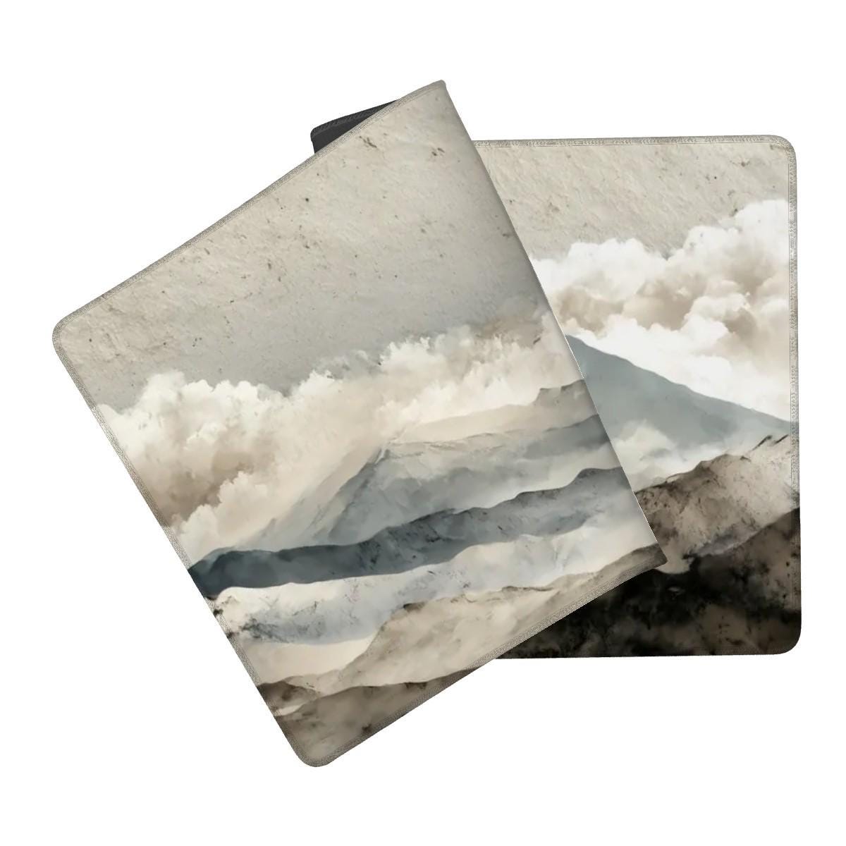 Japanese Mountain Desk Mat | Large XL Minimalist Mouse Pad | Soft Beige Grey Ink Landscape Art Desk Pad