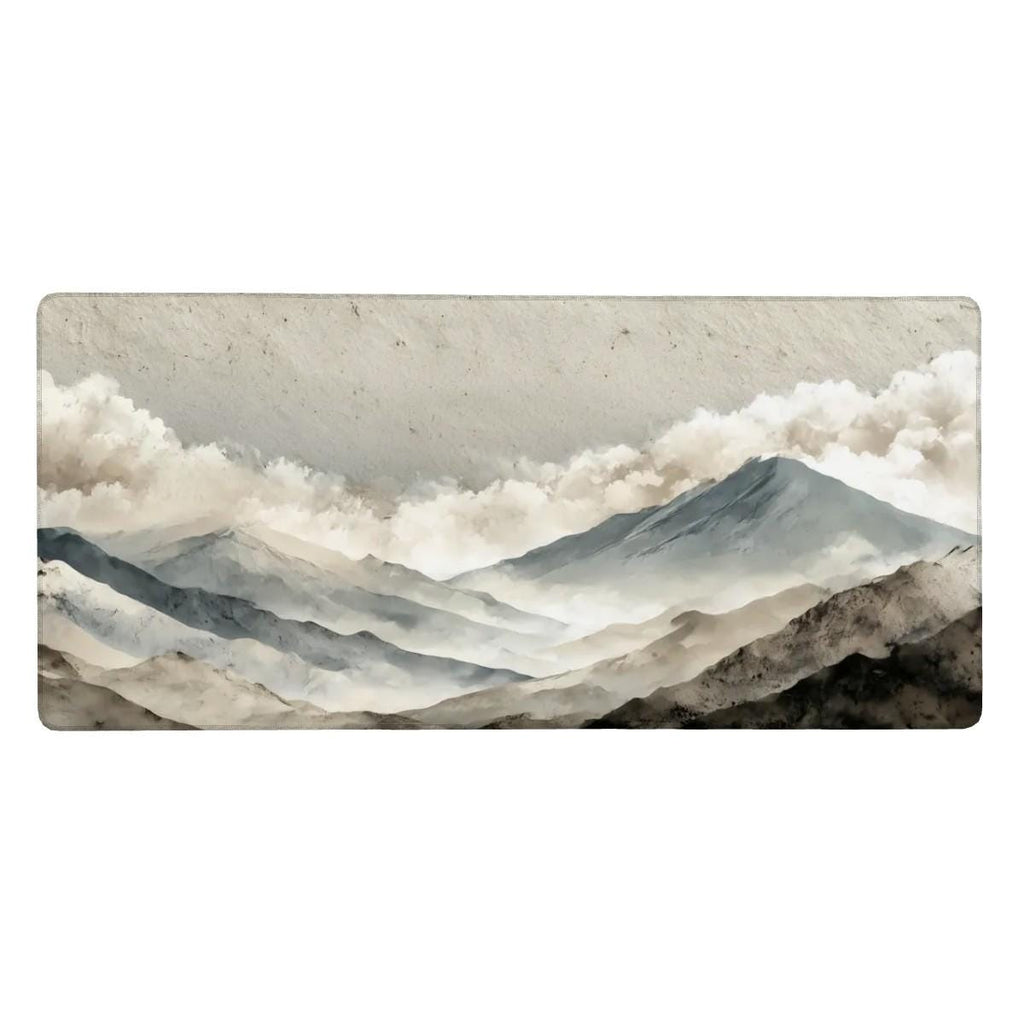 Japanese Mountain Desk Mat | Large XL Minimalist Mouse Pad | Soft Beige Grey Ink Landscape Art Desk Pad