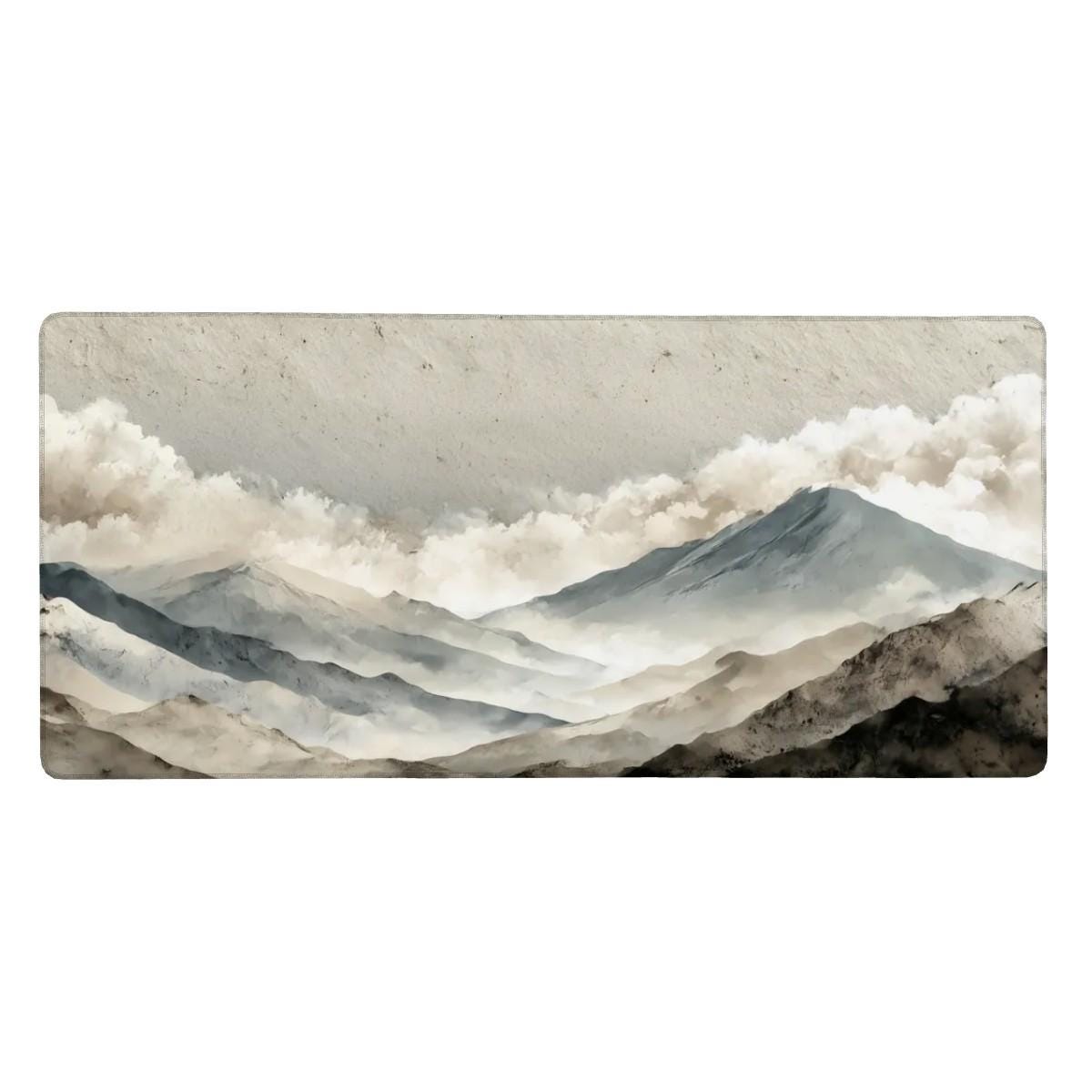Japanese Mountain Desk Mat | Large XL Minimalist Mouse Pad | Soft Beige Grey Ink Landscape Art Desk Pad