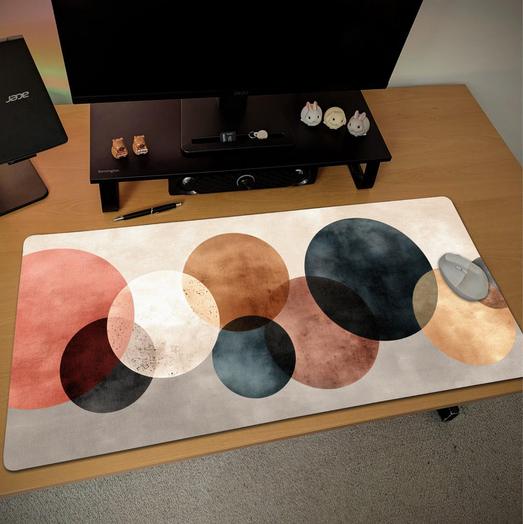 Abstract Circles Desk Mat | Modern Minimalist Mouse Pad | Geometric, Earth Tone Gaming Pad | Contemporary Workspace Art