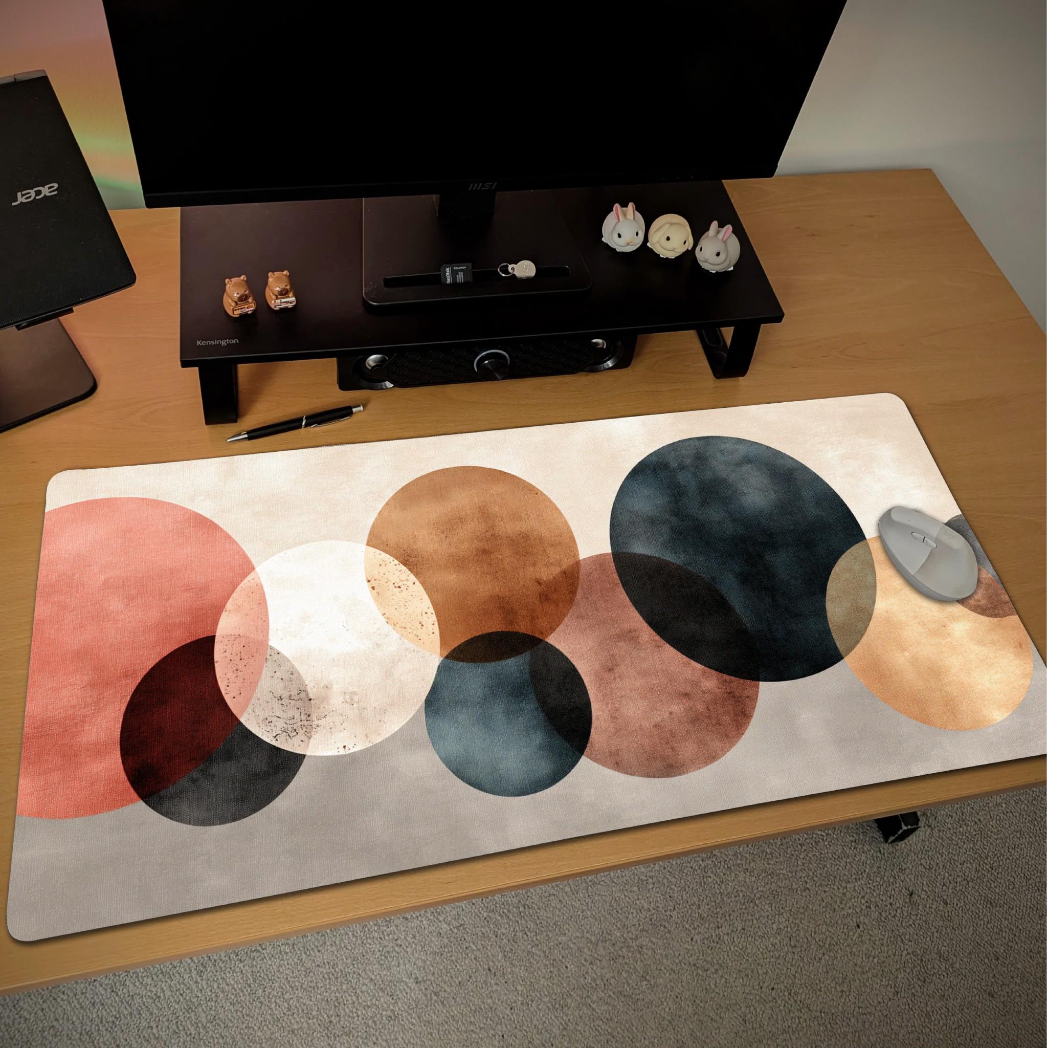Abstract Circles Desk Mat | Modern Minimalist Mouse Pad | Geometric, Earth Tone Gaming Pad | Contemporary Workspace Art