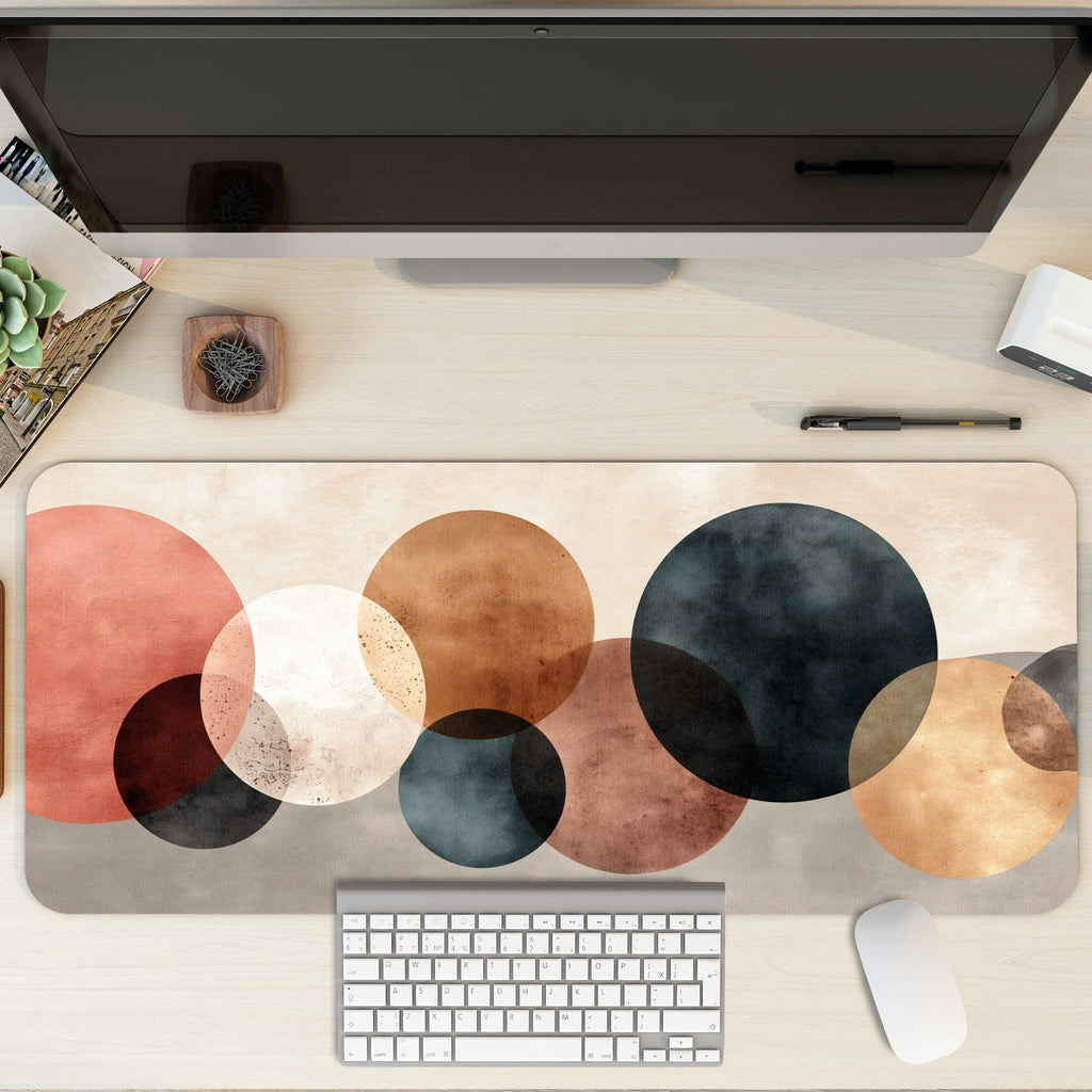 Abstract Circles Desk Mat | Modern Minimalist Mouse Pad | Geometric, Earth Tone Gaming Pad | Contemporary Workspace Art