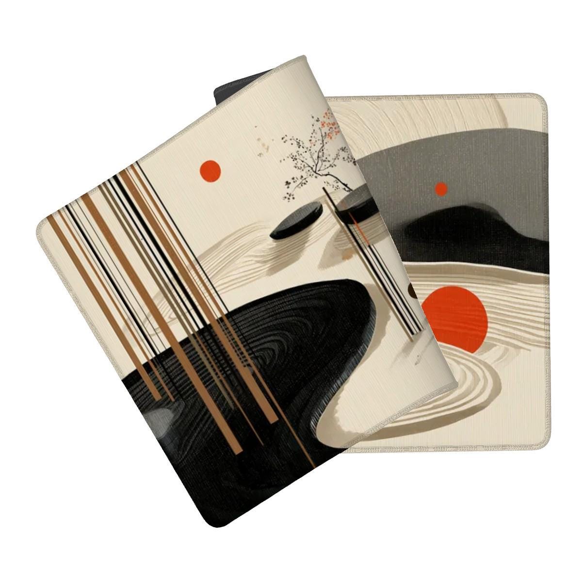 Japanese Zen Garden Desk Mat | Minimalist Large Mouse Pad | Beige Black Abstract Desk Pad, Aesthetic Workspace