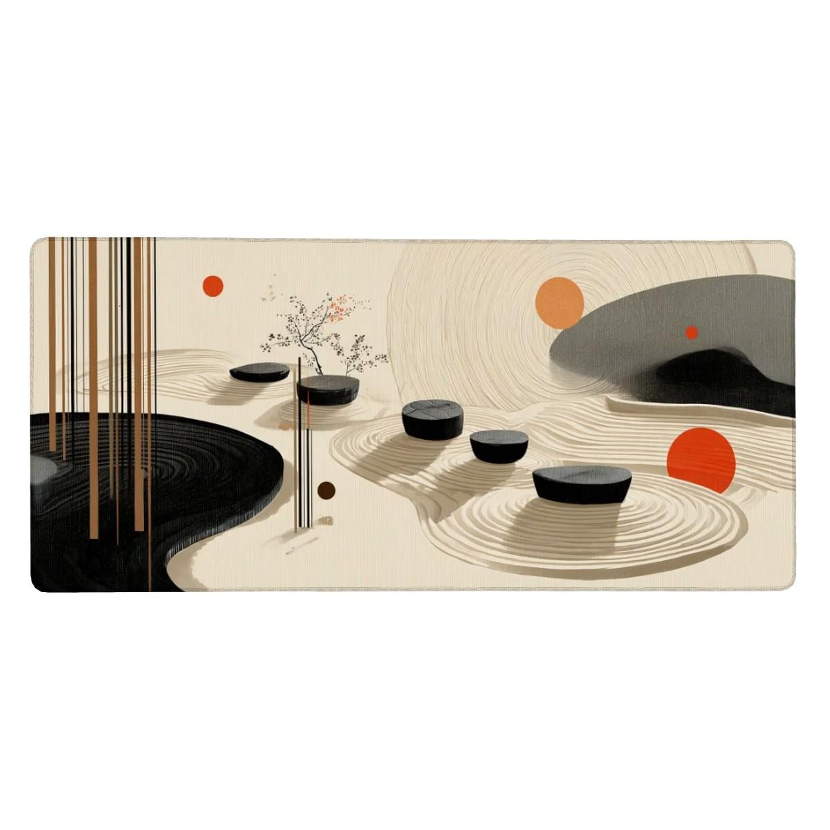Japanese Zen Garden Desk Mat | Minimalist Large Mouse Pad | Beige Black Abstract Desk Pad, Aesthetic Workspace