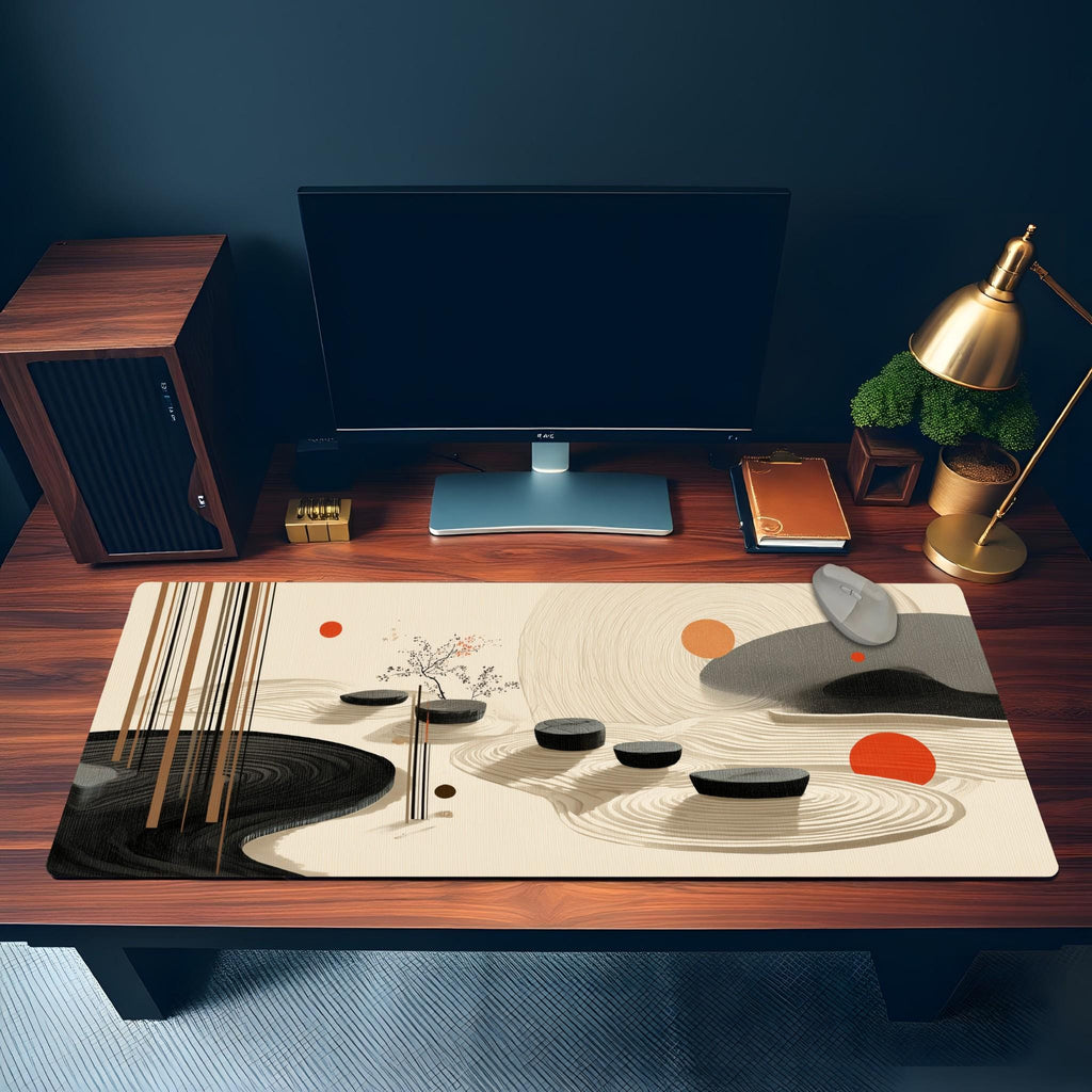 Japanese Zen Garden Desk Mat | Minimalist Large Mouse Pad | Beige Black Abstract Desk Pad, Aesthetic Workspace