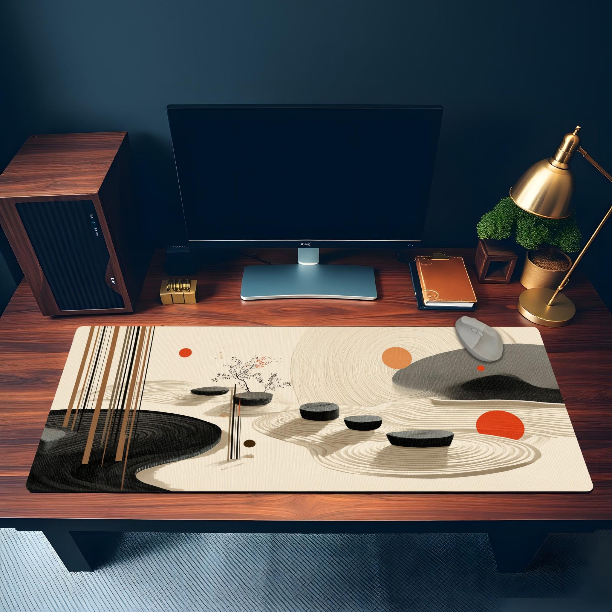 Japanese Zen Garden Desk Mat | Minimalist Large Mouse Pad | Beige Black Abstract Desk Pad, Aesthetic Workspace