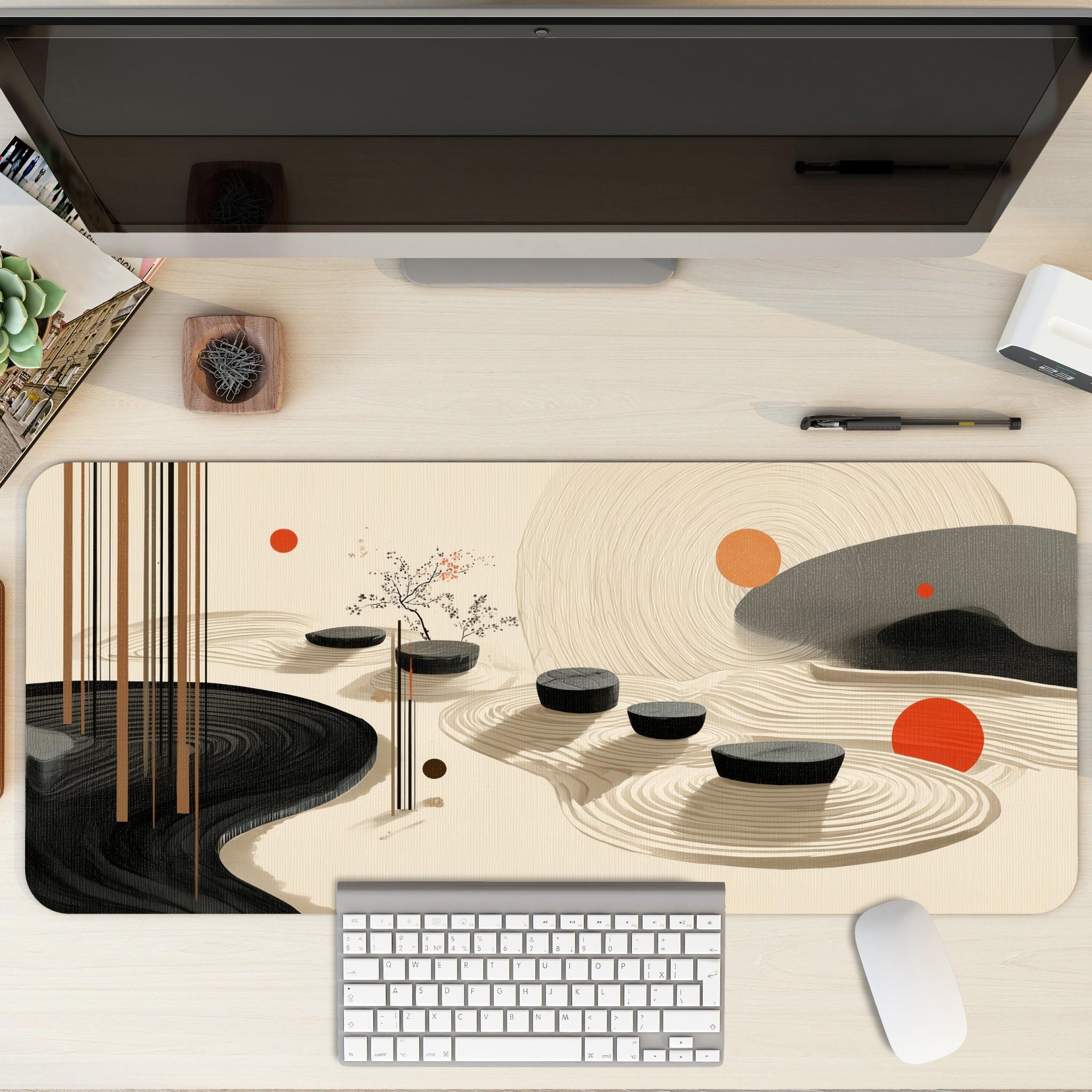 Japanese Zen Garden Desk Mat | Minimalist Large Mouse Pad | Beige Black Abstract Desk Pad, Aesthetic Workspace