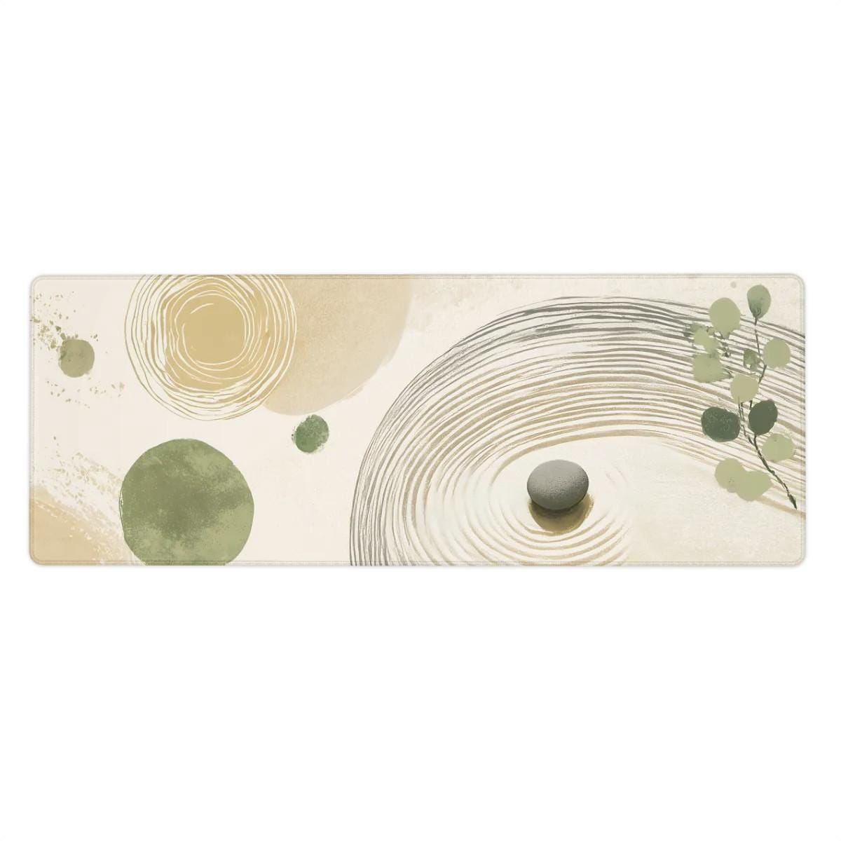 Sage Green Zen Circle Desk Mat | Watercolor Boho Mouse Pad with Spiral Sand Patterns