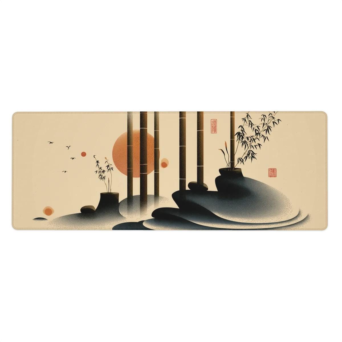 Japanese Bamboo Japanese Desk Mat | Minimalist Art Mouse Pad | Beige Black Orange Ink Art for Aesthetic Workspace & Office