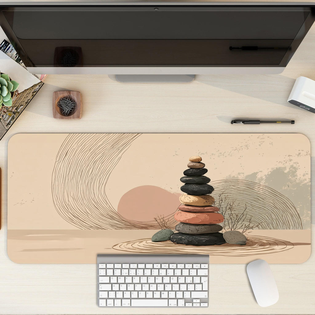 Boho Stone Art Desk Mat | Scandi Minimalist Mouse Pad with Dusty Pink Accents