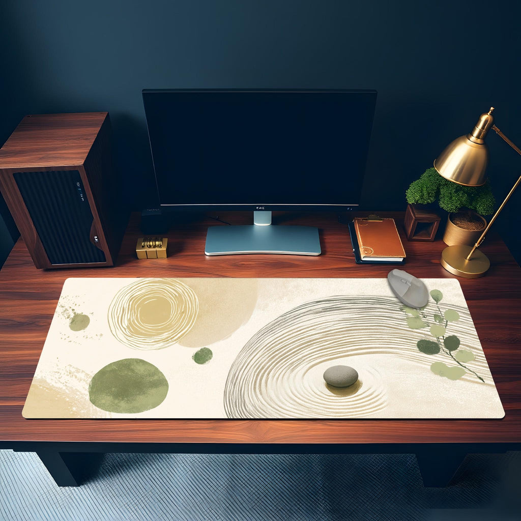 Sage Green Zen Circle Desk Mat | Watercolor Boho Mouse Pad with Spiral Sand Patterns