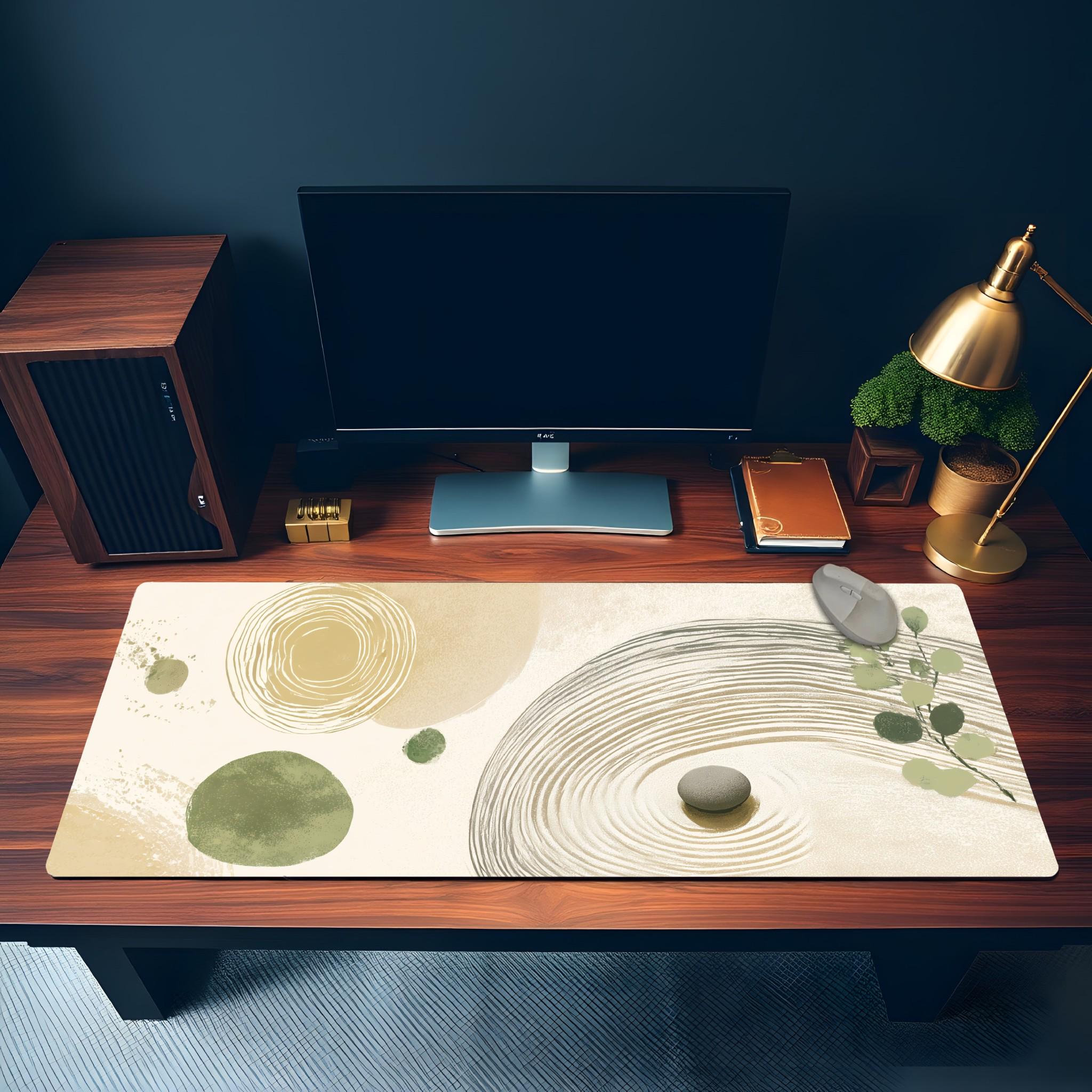 Sage Green Zen Circle Desk Mat | Watercolor Boho Mouse Pad with Spiral Sand Patterns