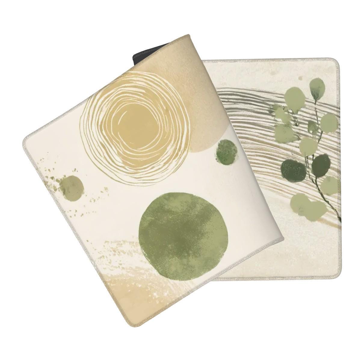 Sage Green Zen Circle Desk Mat | Watercolor Boho Mouse Pad with Spiral Sand Patterns
