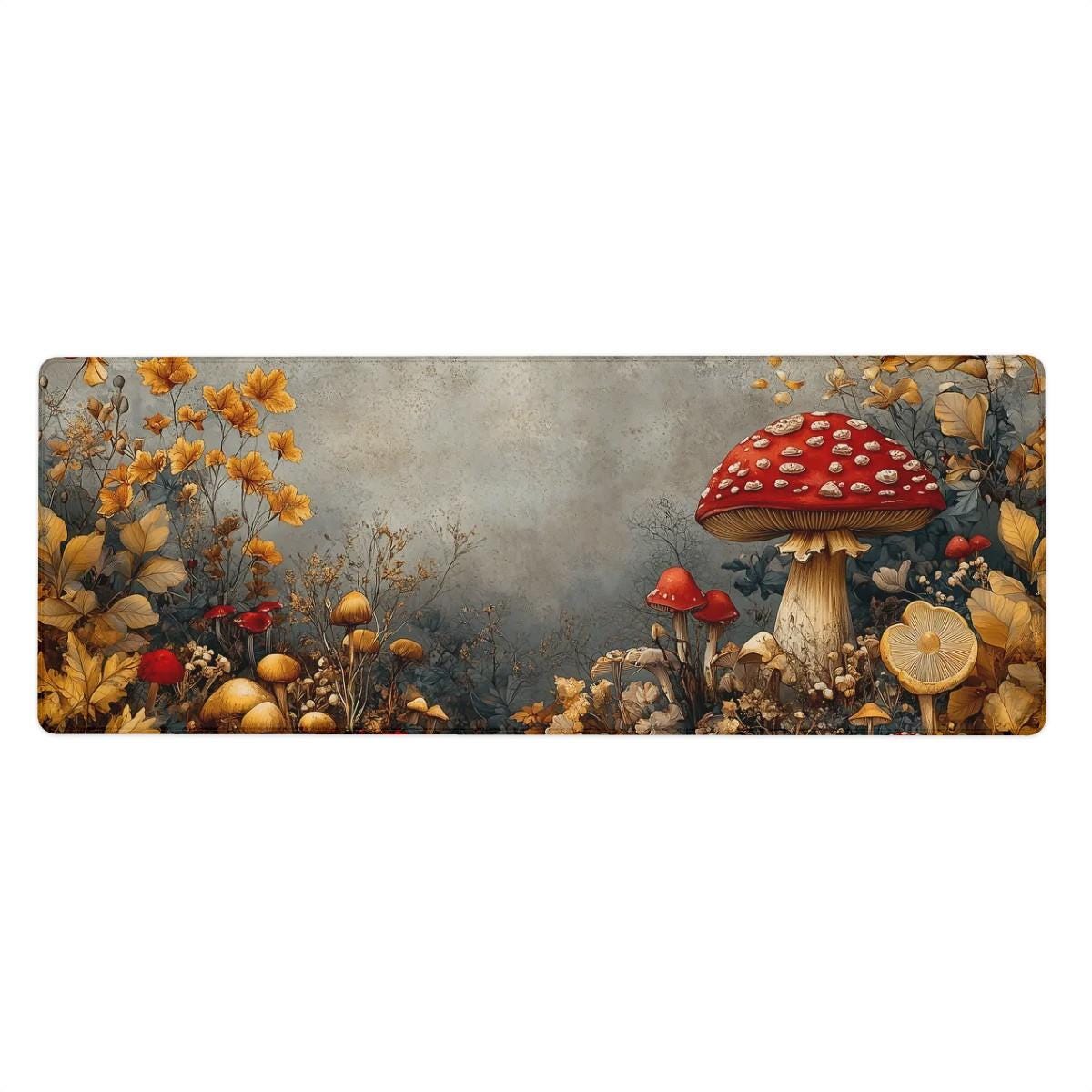 Cottagecore Mushroom Desk Mat | Woodland Forest Desk Pad with Red Toadstools | Dark Botanical Mouse Pad