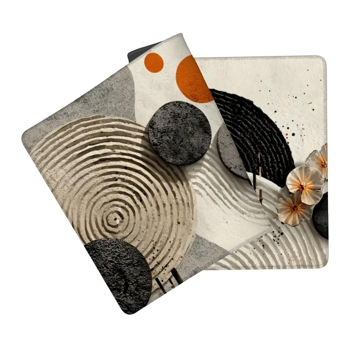 Abstract Zen Desk Mat | Minimalist Mouse Pad with Organic Shapes in Neutral Tones, Japanese Inspired Desk Decor