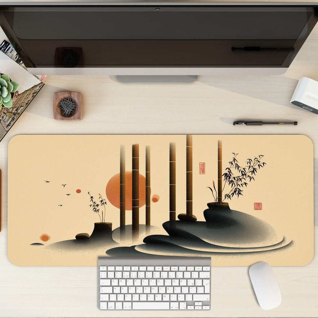 Japanese Bamboo Japanese Desk Mat | Minimalist Art Mouse Pad | Beige Black Orange Ink Art for Aesthetic Workspace & Office