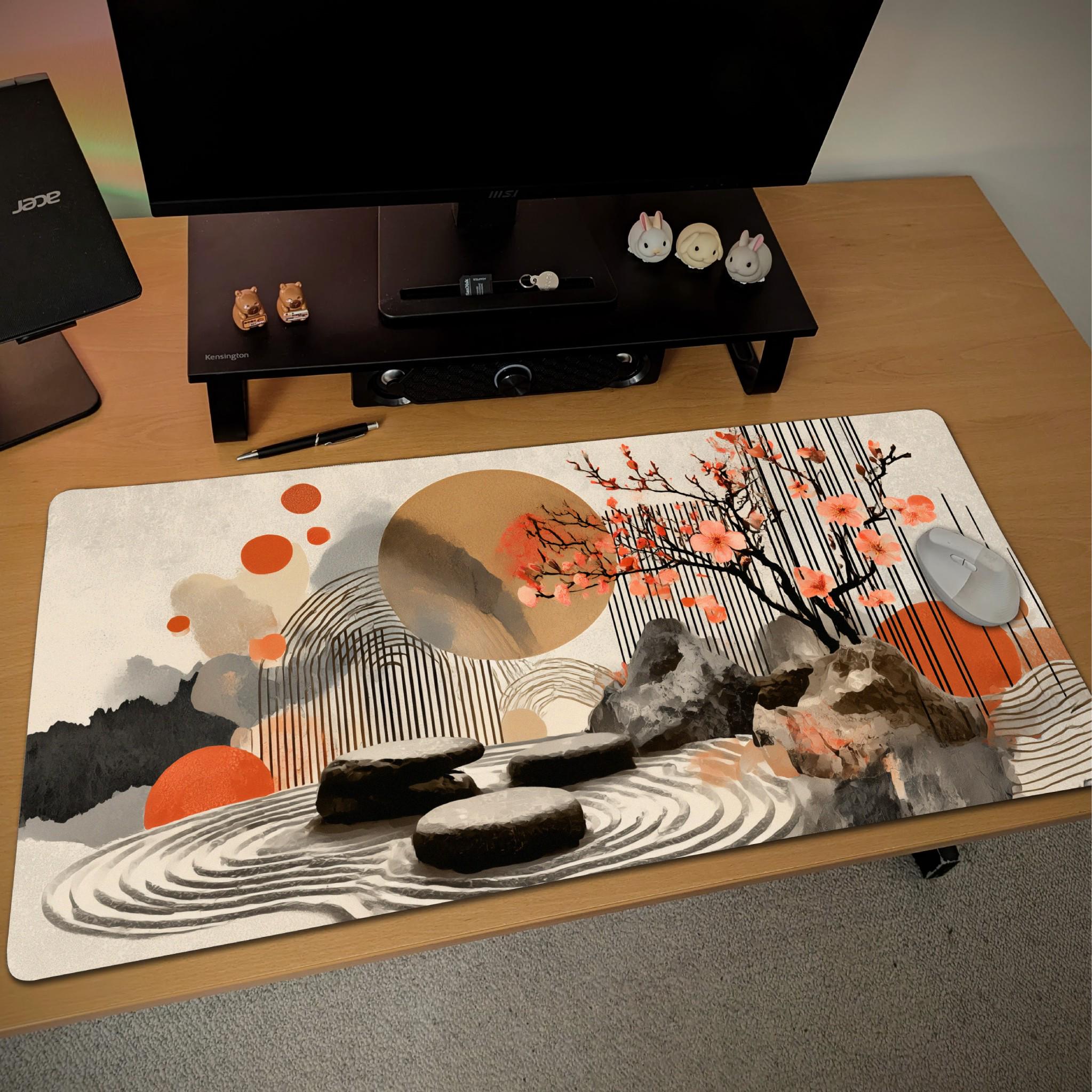 Abstract Rock Zen Garden Desk Mat | Peach Blossom Mouse Pad with Modern Art Elements