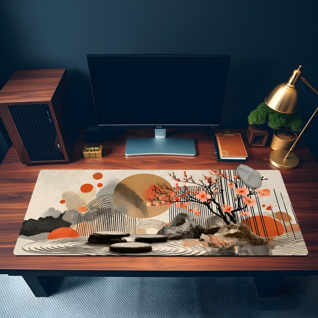 Abstract Rock Zen Garden Desk Mat | Peach Blossom Mouse Pad with Modern Art Elements