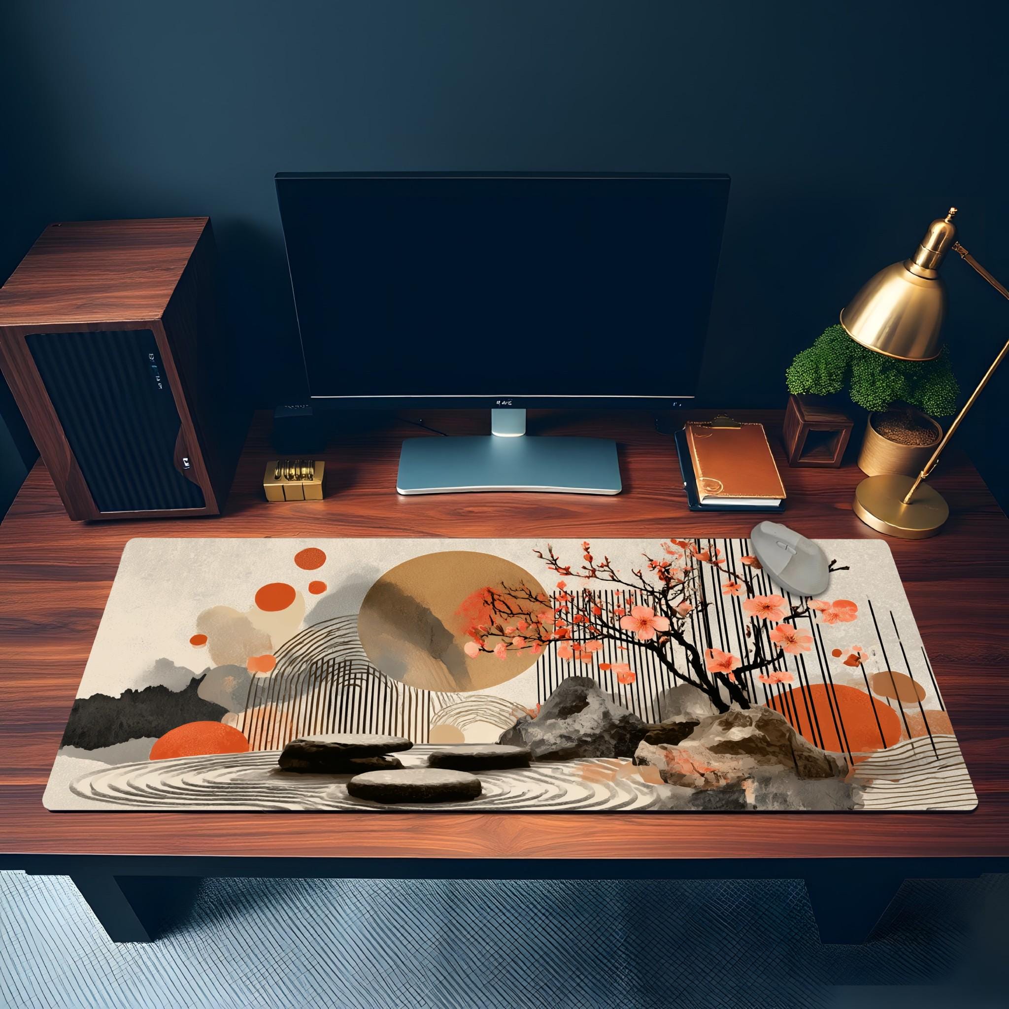 Abstract Rock Zen Garden Desk Mat | Peach Blossom Mouse Pad with Modern Art Elements