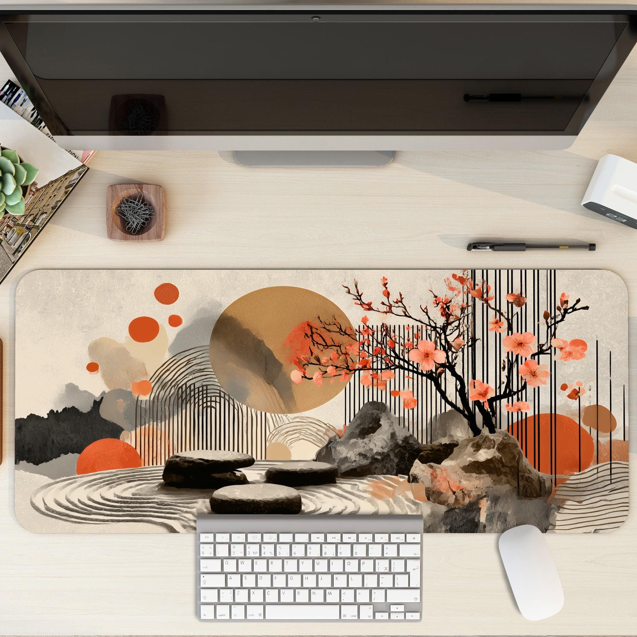 Abstract Rock Zen Garden Desk Mat | Peach Blossom Mouse Pad with Modern Art Elements
