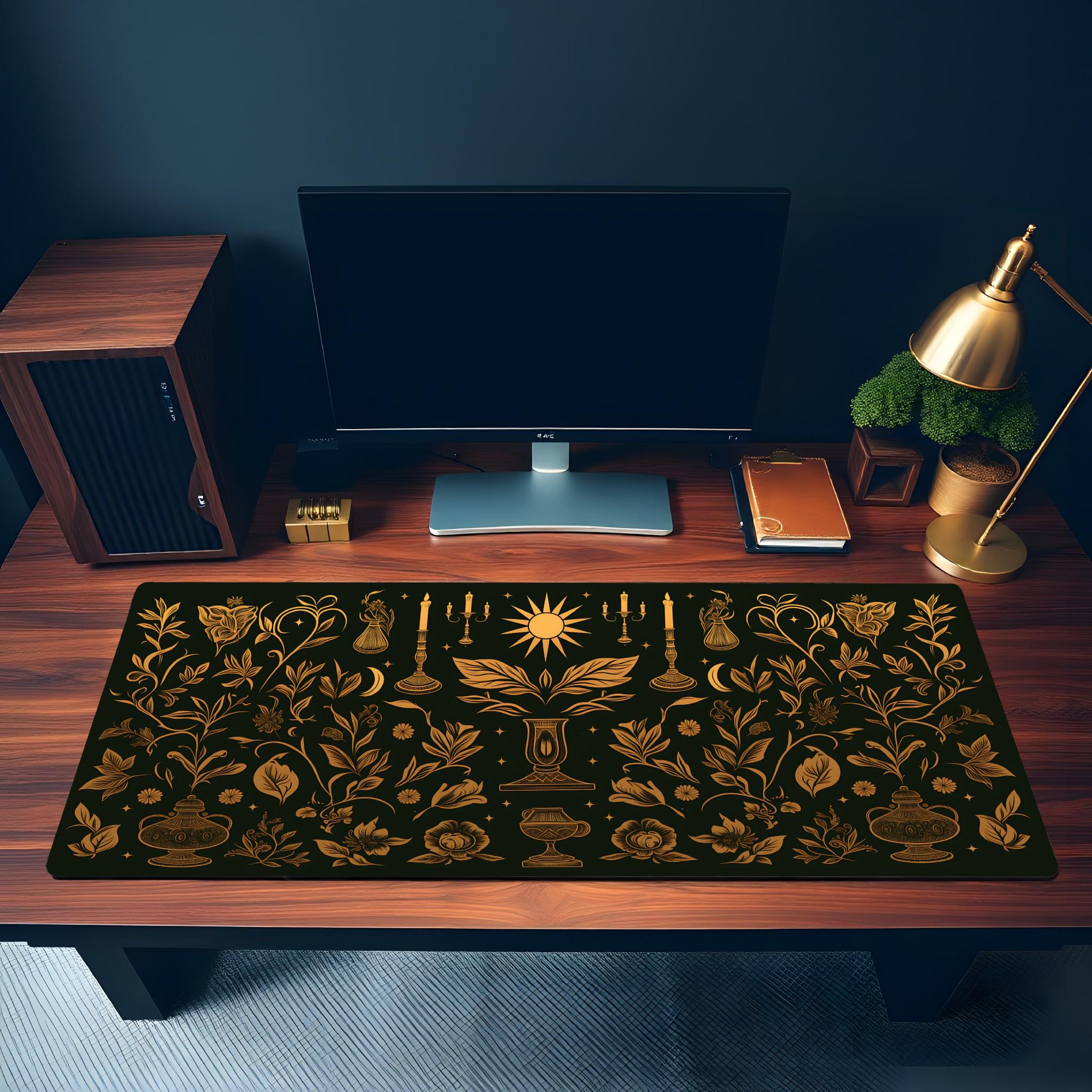Dark Cottagecore Desk Mat | Black Gold Floral Desk Pad with Celestial Motifs | Gothic Witchcore Aesthetics