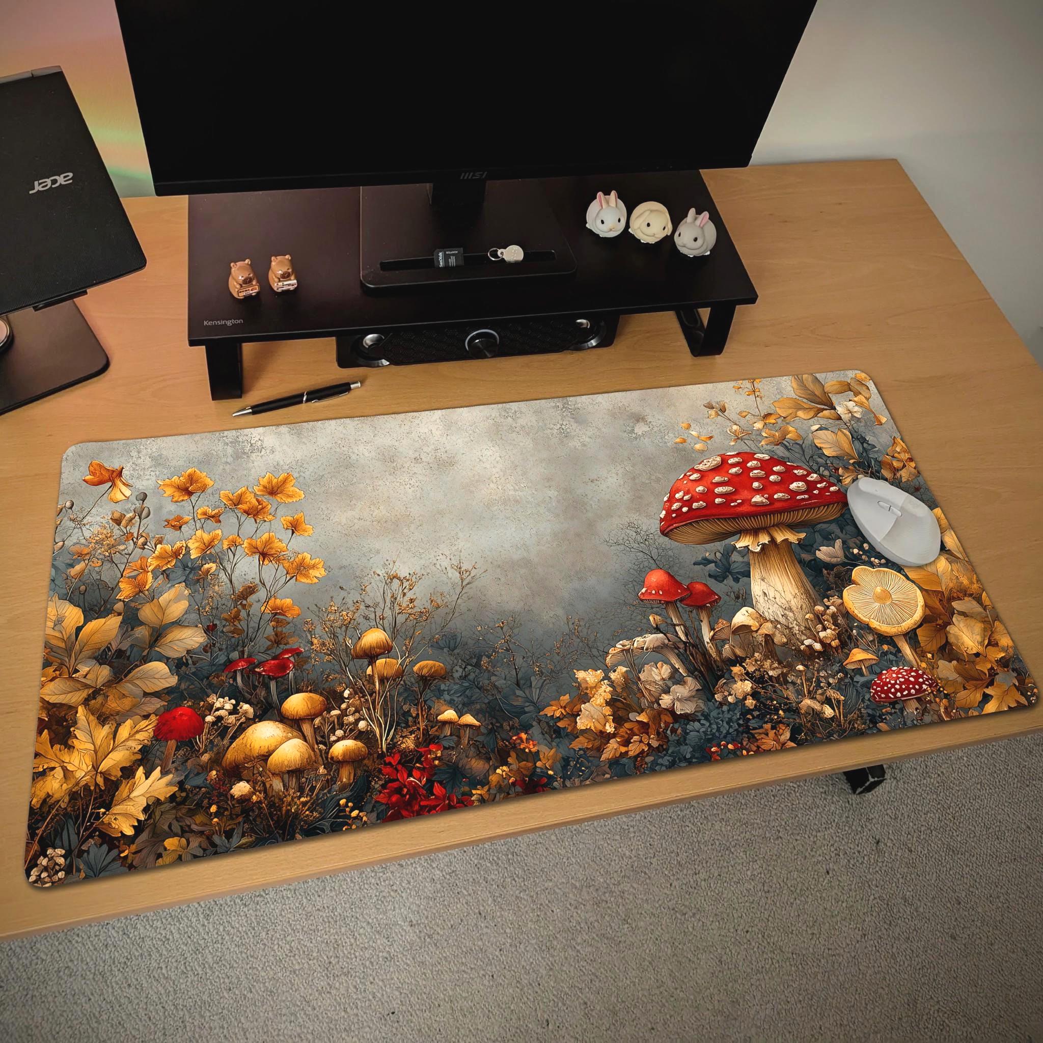 Cottagecore Mushroom Desk Mat | Woodland Forest Desk Pad with Red Toadstools | Dark Botanical Mouse Pad