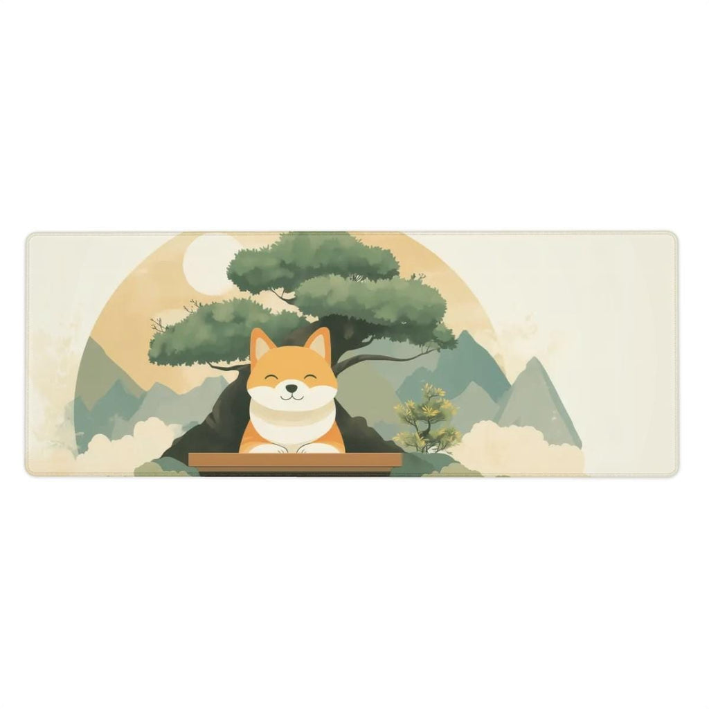 Cute Shiba Inu Desk Mat | Zen Dog Aesthetic Mouse Pad, Japanese Mountain Bonsai Theme