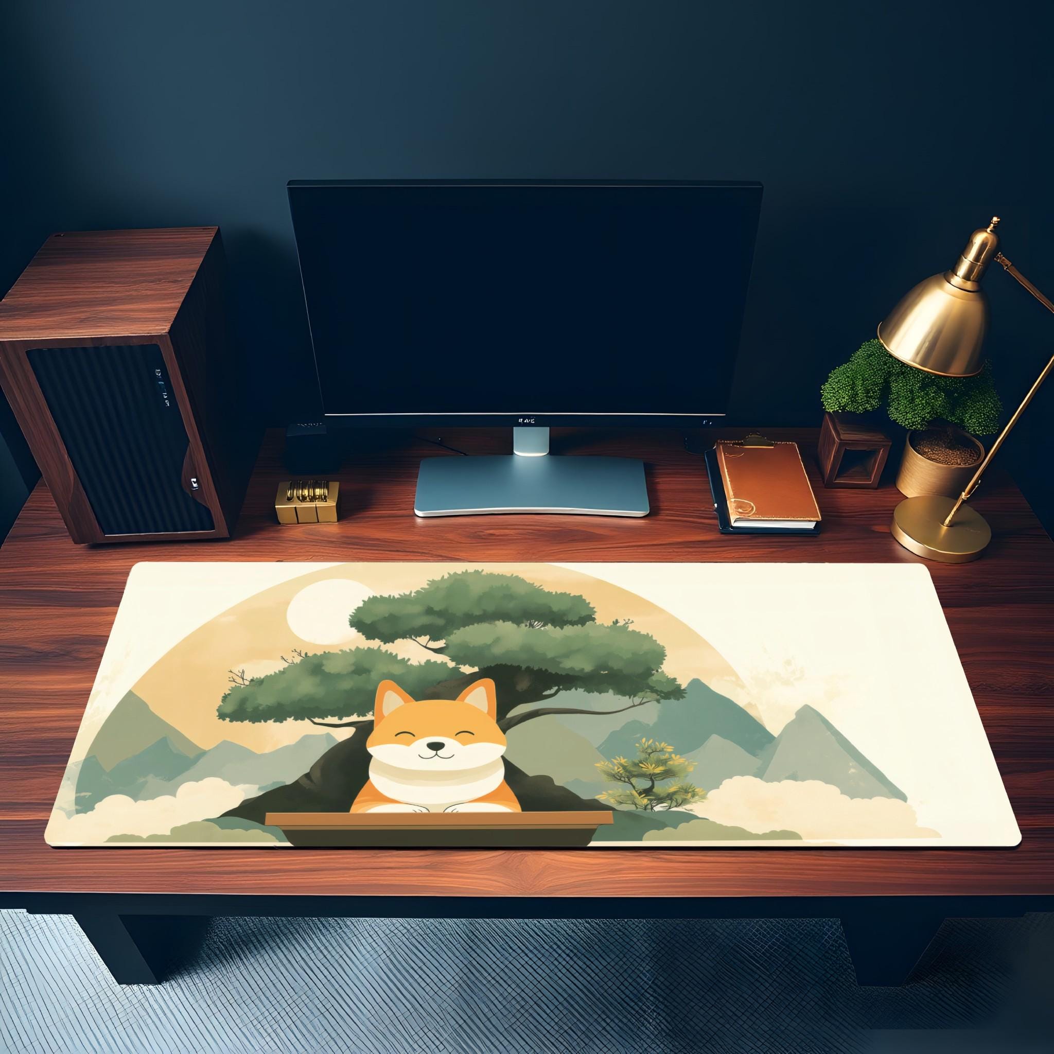 Cute Shiba Inu Desk Mat | Zen Dog Aesthetic Mouse Pad, Japanese Mountain Bonsai Theme