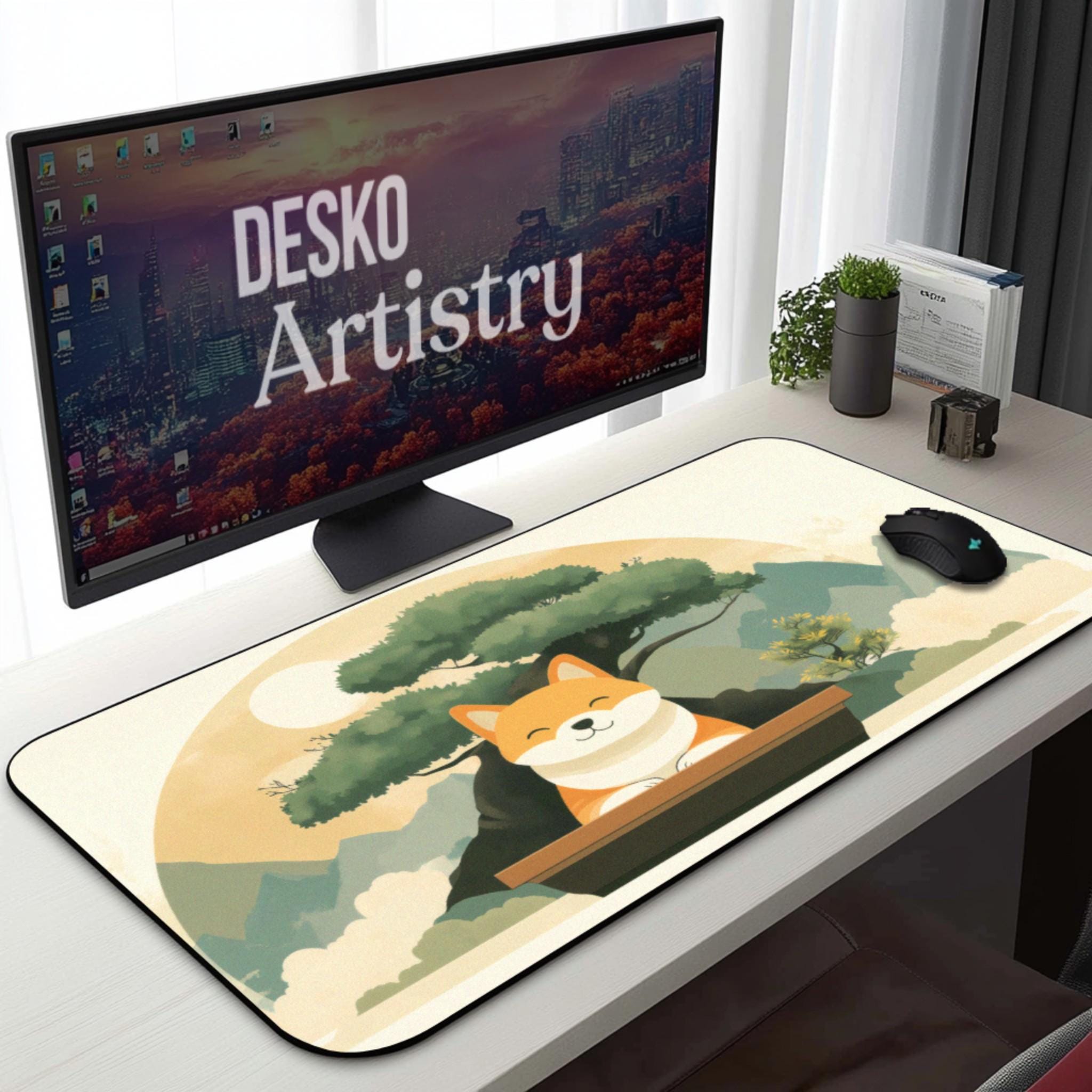 Cute Shiba Inu Desk Mat | Zen Dog Aesthetic Mouse Pad, Japanese Mountain Bonsai Theme
