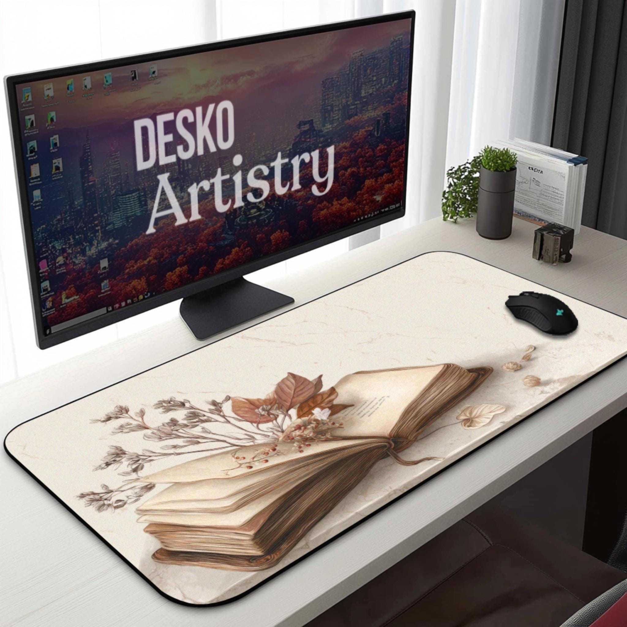 Vintage Book Oshibana Desk Mat | Herberium Journal with Dry Floral Art Aesthetics Desk Pad