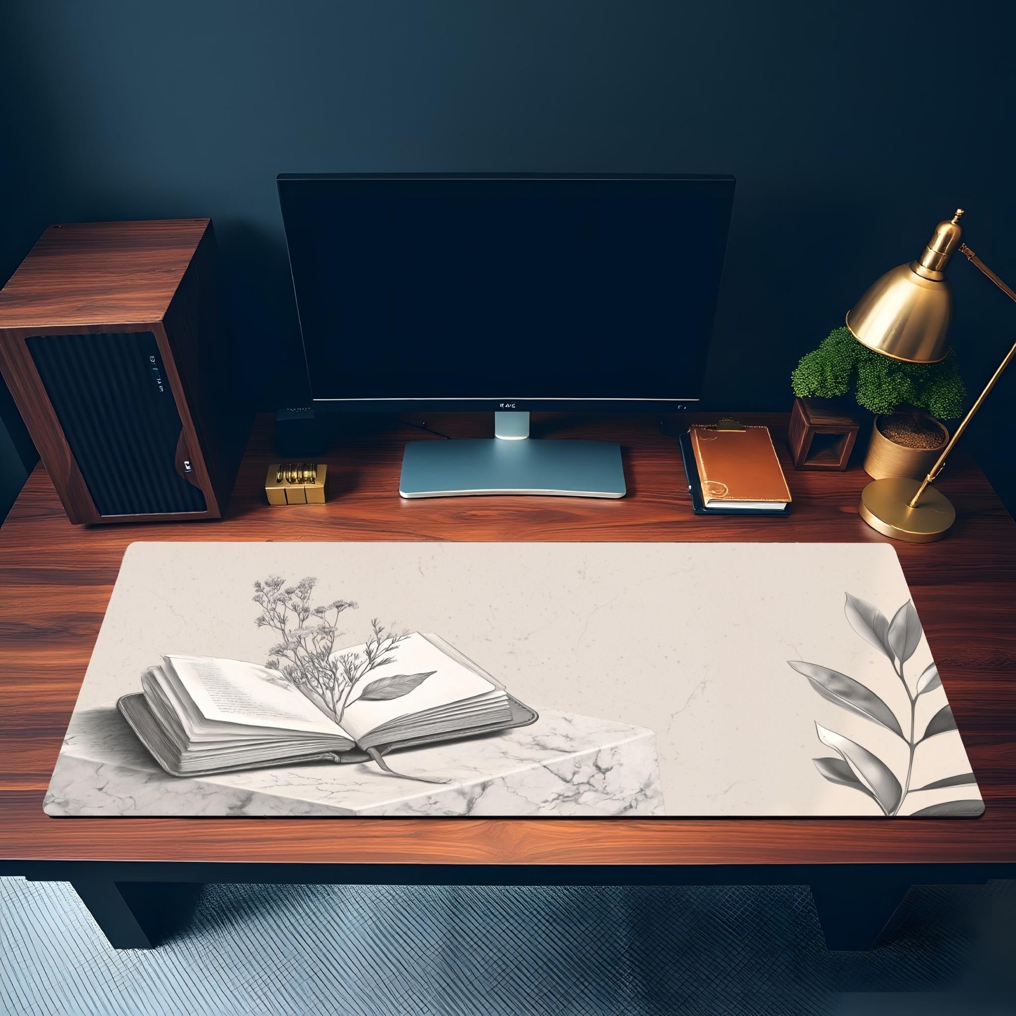 Cottagecore Journal Book Desk Mat | Monochrome Aesthetic Marble Mouse Pad | Herbarium Academic Theme Decor